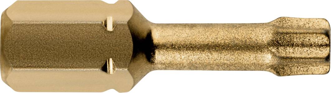 Nahaufnahme eines goldfarbenen Schraubendreherbits mit Sechskantschaft und Phillips-Spitze, horizontal auf weißem Hintergrund dargestellt.