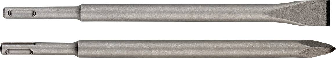 Zwei horizontal angeordnete Metallmeissel oder -stempel, einer mit flacher Klinge und einer mit spitzer Spitze.