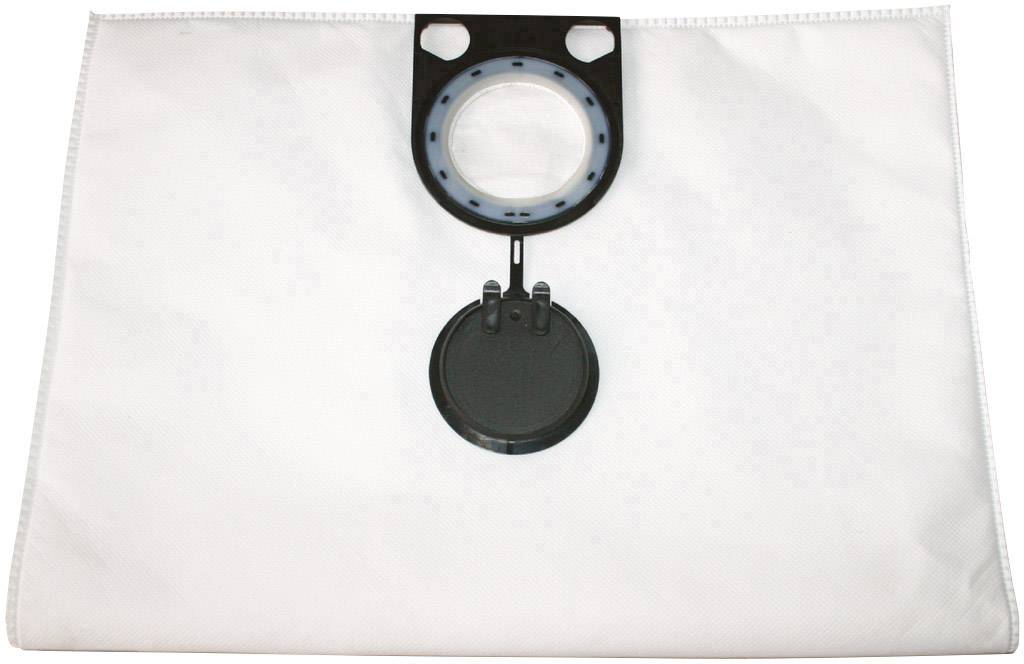 Ein weißer Staubsaugerbeutel mit einem schwarzen Kunststoffanschluss in der Mitte zur Befestigung am Staubsauger.