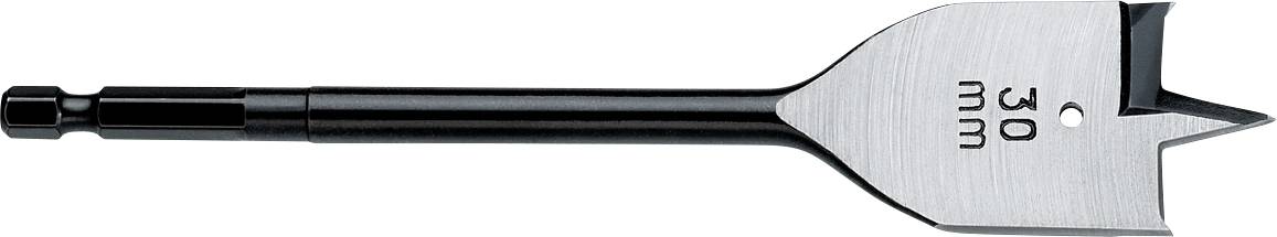 Flachbohrer mit 30 mm Durchmesser, geeignet für Holzarbeiten, schwarzer Schaft und silberne Spitze.