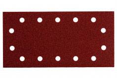 Ein rechteckiges rotes Schleifpapier mit 14 gleichmäßig verteilten runden Löchern in zwei Reihen.