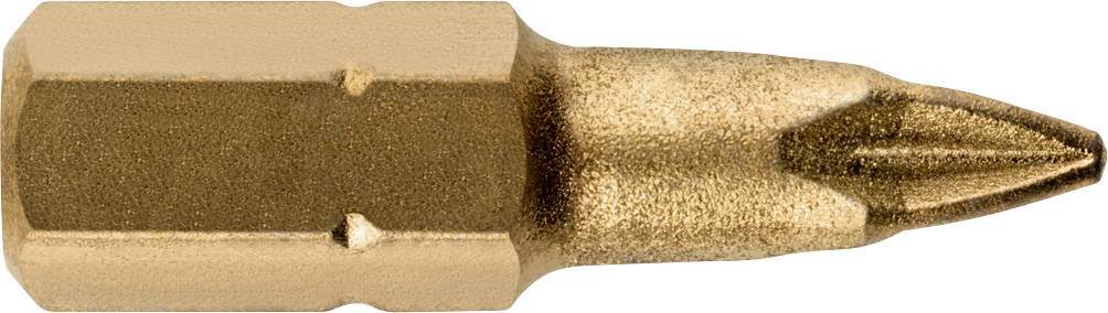 Nahaufnahme eines messingfarbenen Phillips-Schraubendreherbits mit sichtbarer Sechskantbasis und spitzer Spitze.