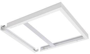 Ein weißer, quadratischer Rahmen mit einem offenen Design zur Deckenmontage. Geeignet für Leuchtstofflampen oder LED-Leuchten.
