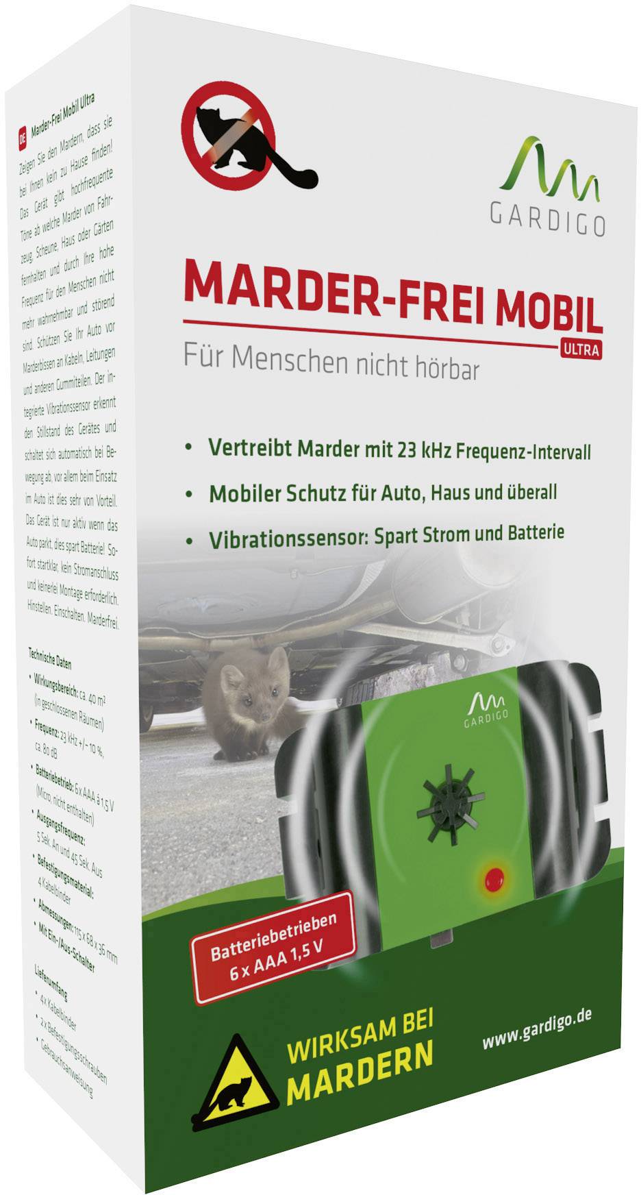 Gardigo Mobil Ultra Marderabwehr Funktionsart Ultraschall Wirkungsbereich 40m² 1St.