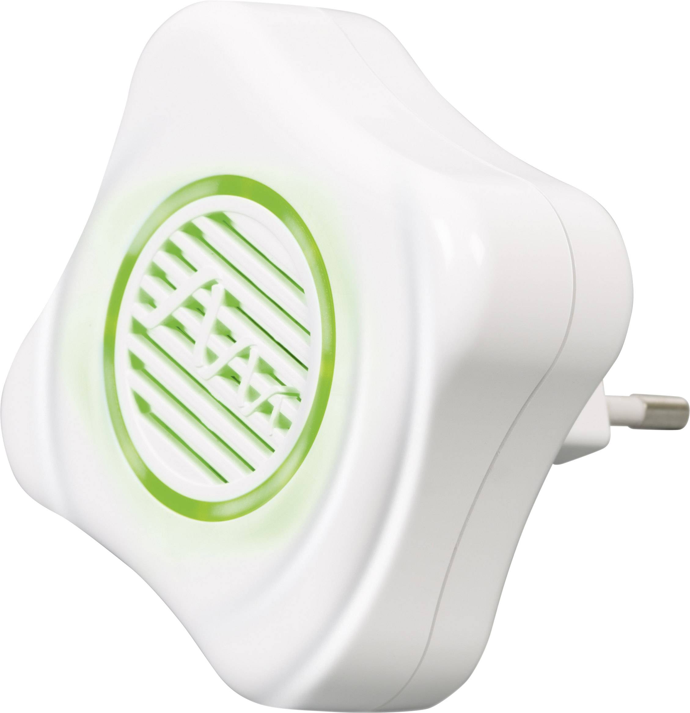 Ein weißer, blumenförmiger Stecker mit grünem Licht leuchtet; steckt in einer Steckdose und ähnelt einem Luftfrischer.