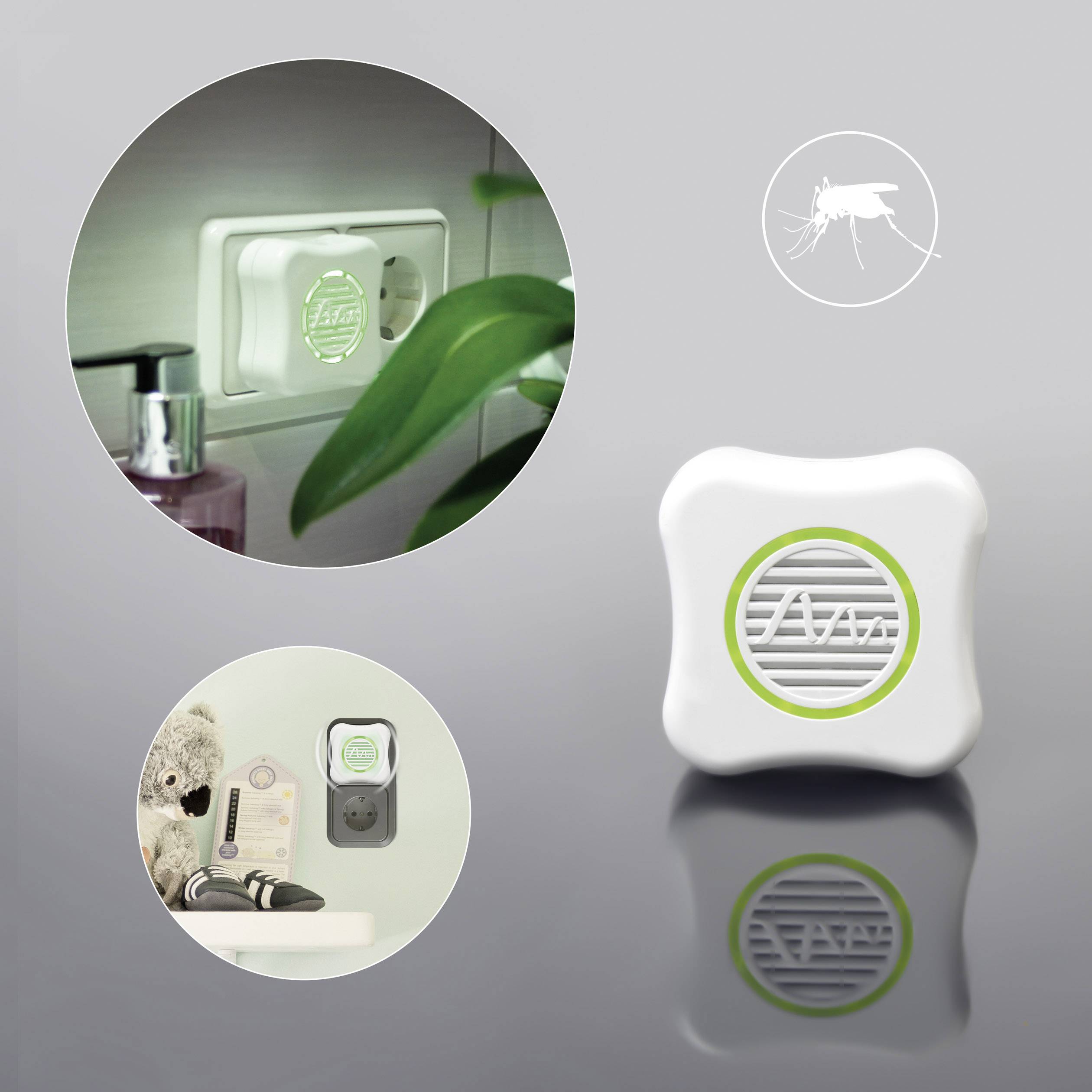 Steckbares Insektenabwehrgerät eingesteckt in Wandsteckdose mit grünem Leuchtring, im Hintergrund eine Pflanze, reflektiert auf grauer Fläche.