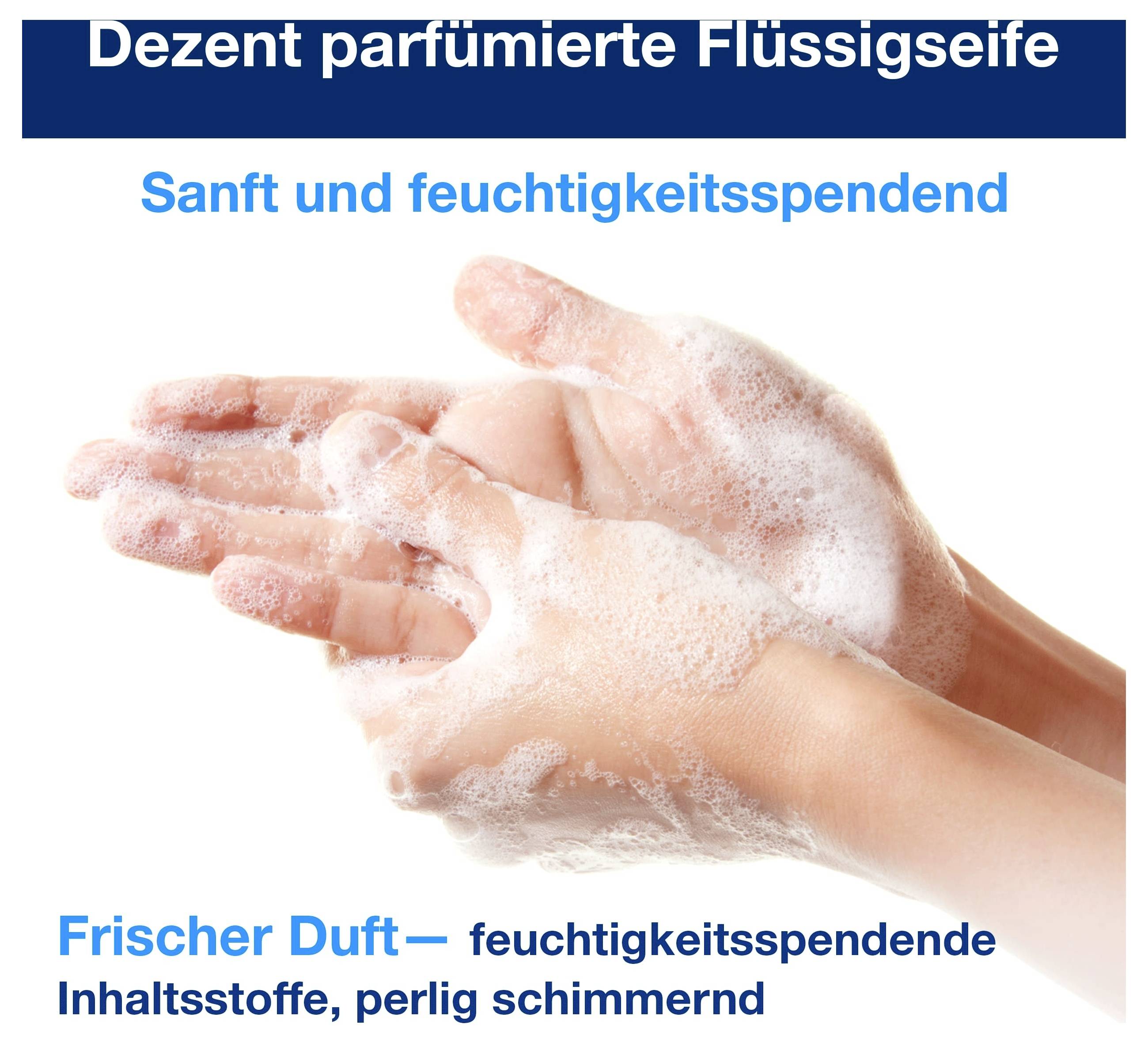 Werbung für dezente parfümierte Flüssigseife: schäumende Hände mit den Aussagen 'Sanft und feuchtigkeitsspendend' und 'Frischer Duft'