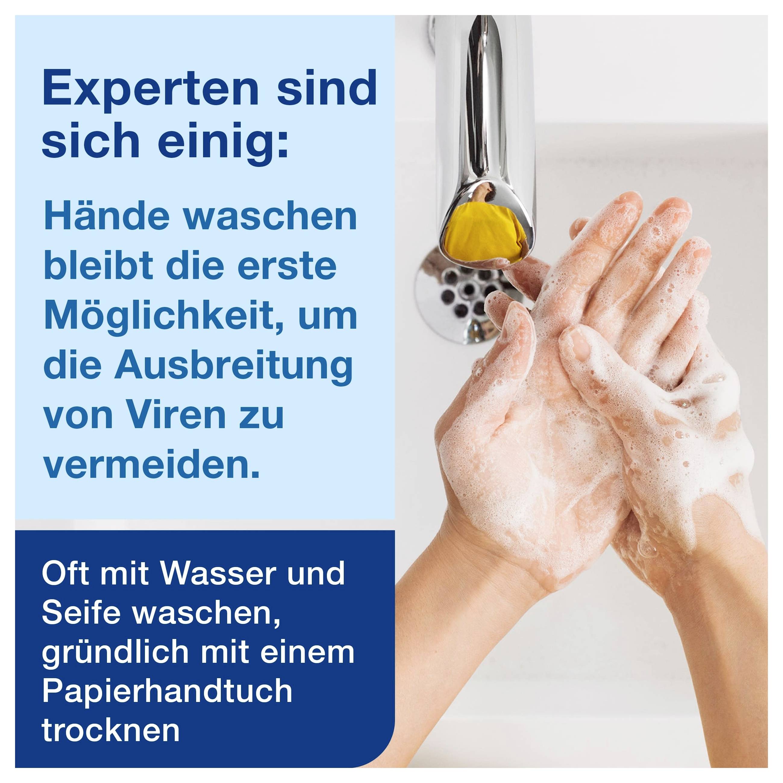Infografik: Hände unter Wasserhahn mit Seife waschen; Text betont, dass Händewaschen die erste Maßnahme gegen Virusausbreitung ist und gründliches Trocknen empfohlen wird.