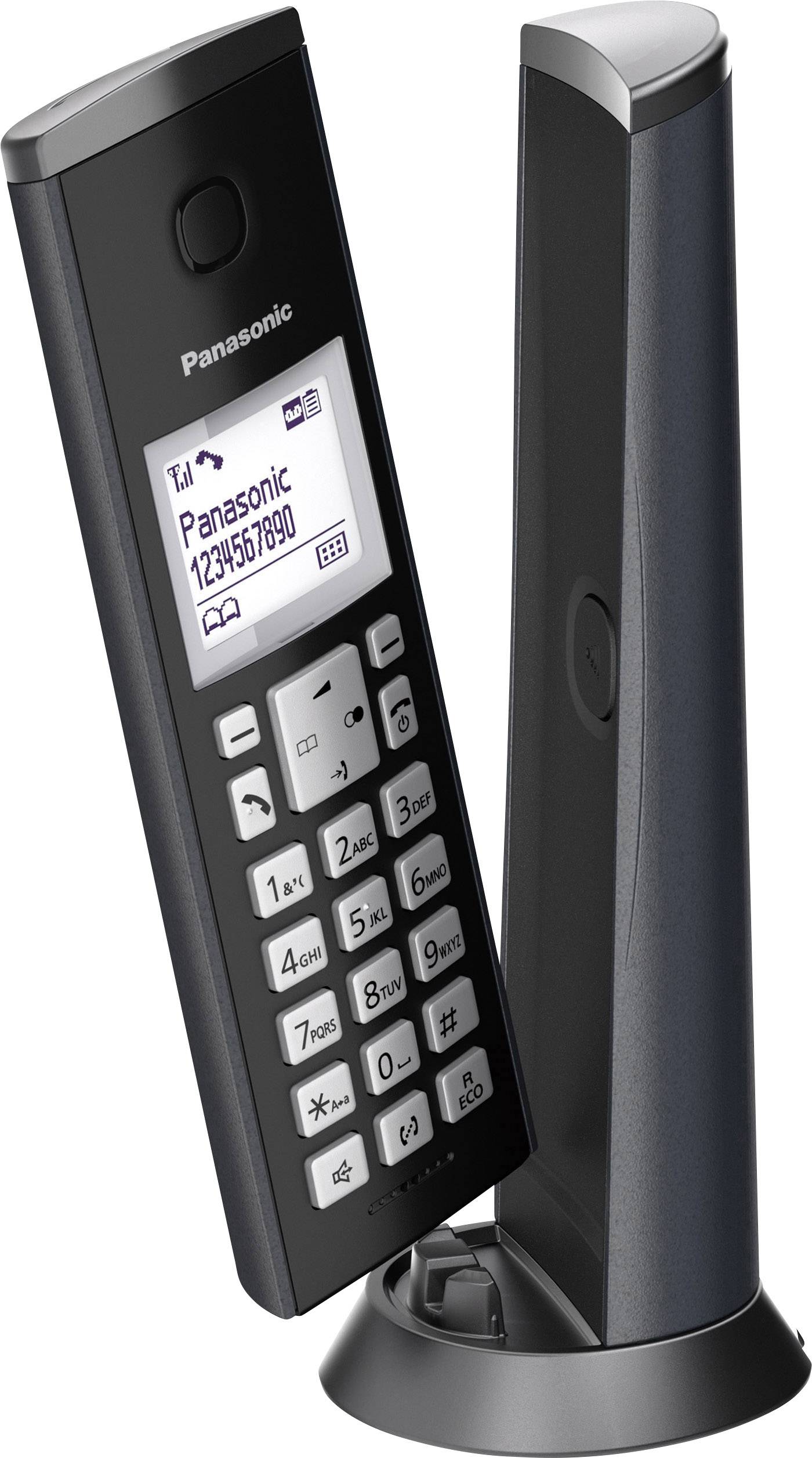 Schnurloses Panasonic-Telefon auf Ladestation, beleuchtetes Display zeigt 'Panasonic 1234567890', nummerierte Tasten darunter.