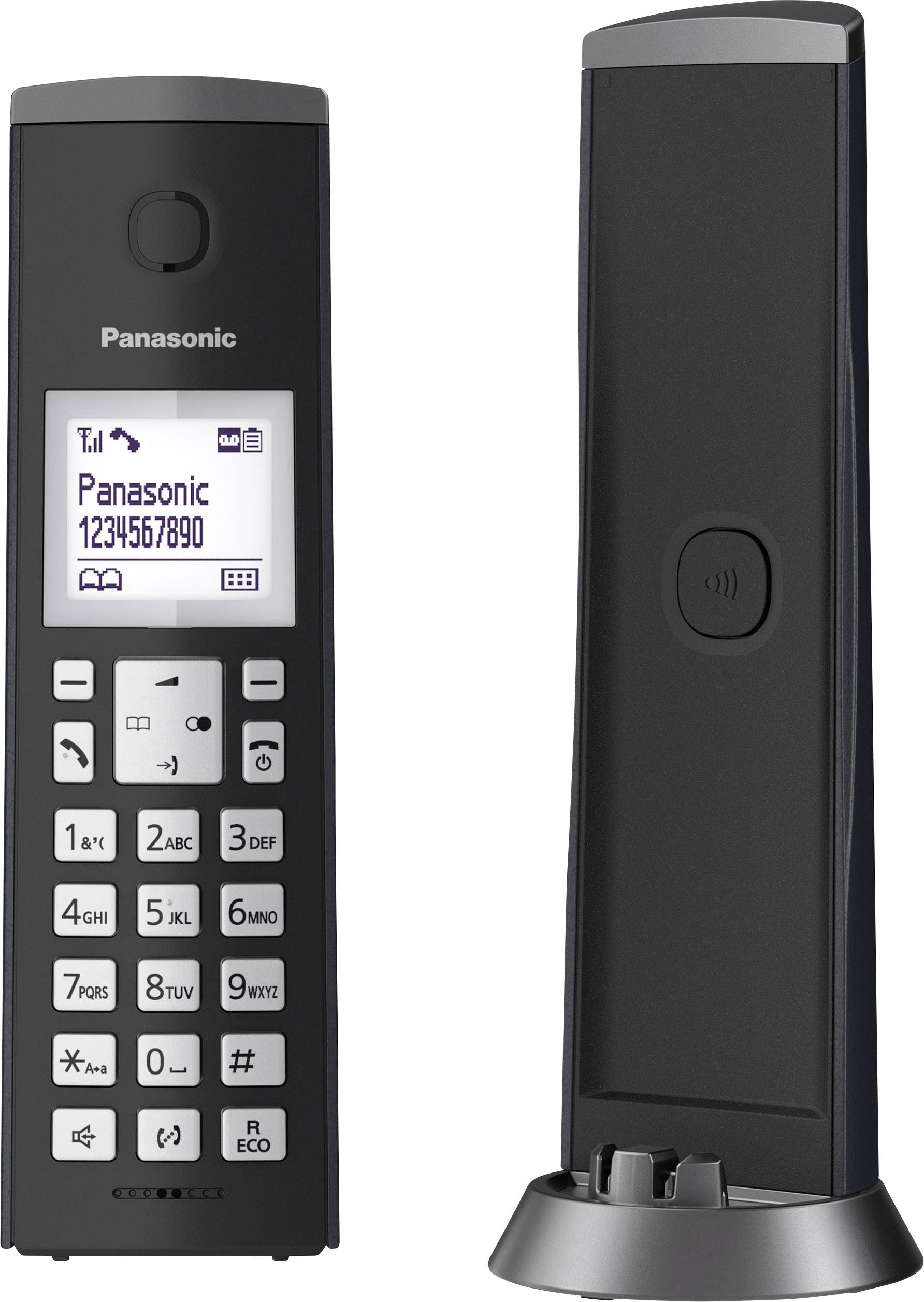 Drahtloses Panasonic-Telefon mit Basisstation; Tastenblock und Display auf Vorderseite, zeigt Nummer '1234567890'.