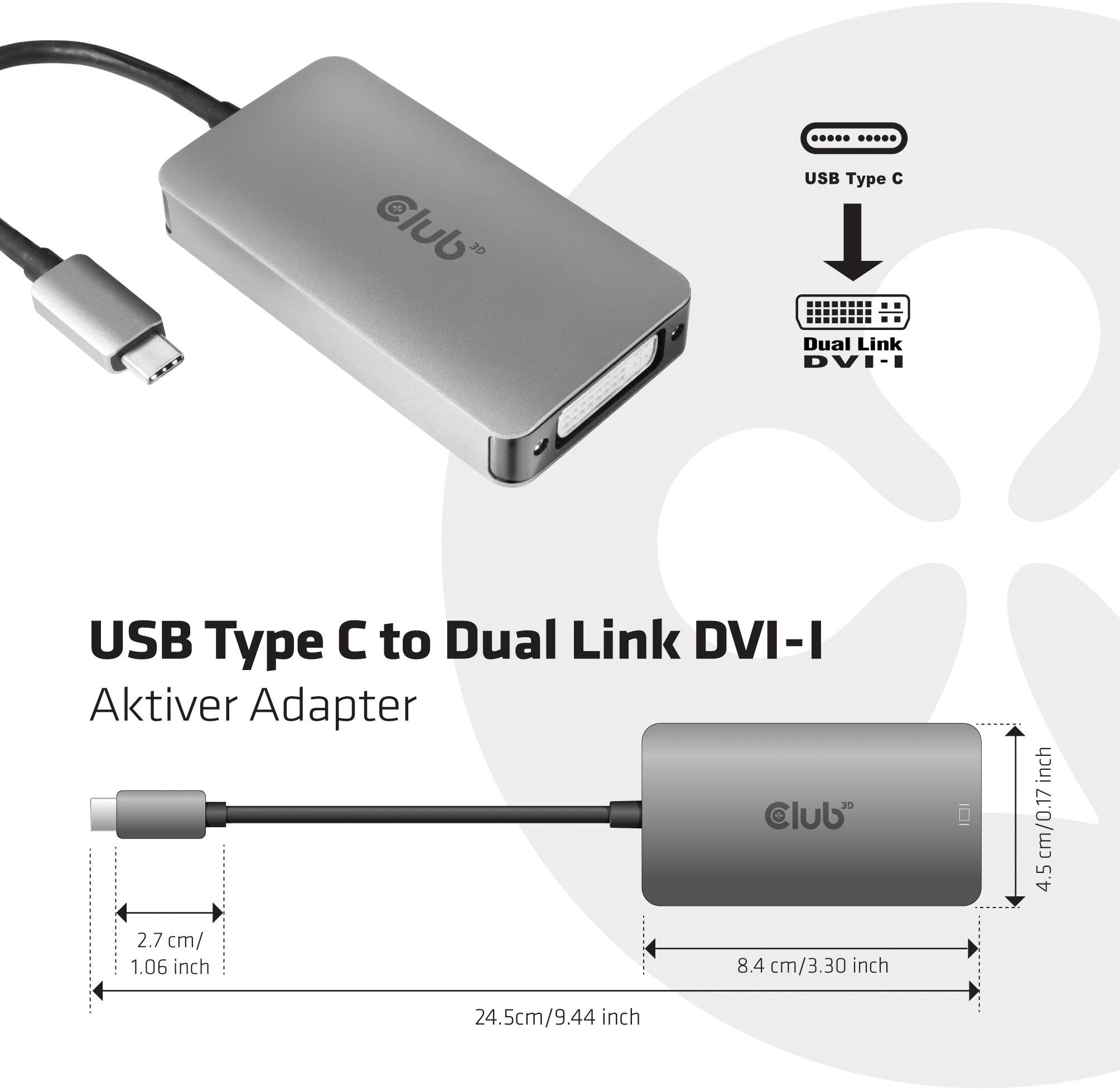 Adapter von USB Type C zu Dual Link DVI-I, silber, mit Maßen: 24,5 cm Länge, 8,4 cm Breite, 4,5 cm Höhe.