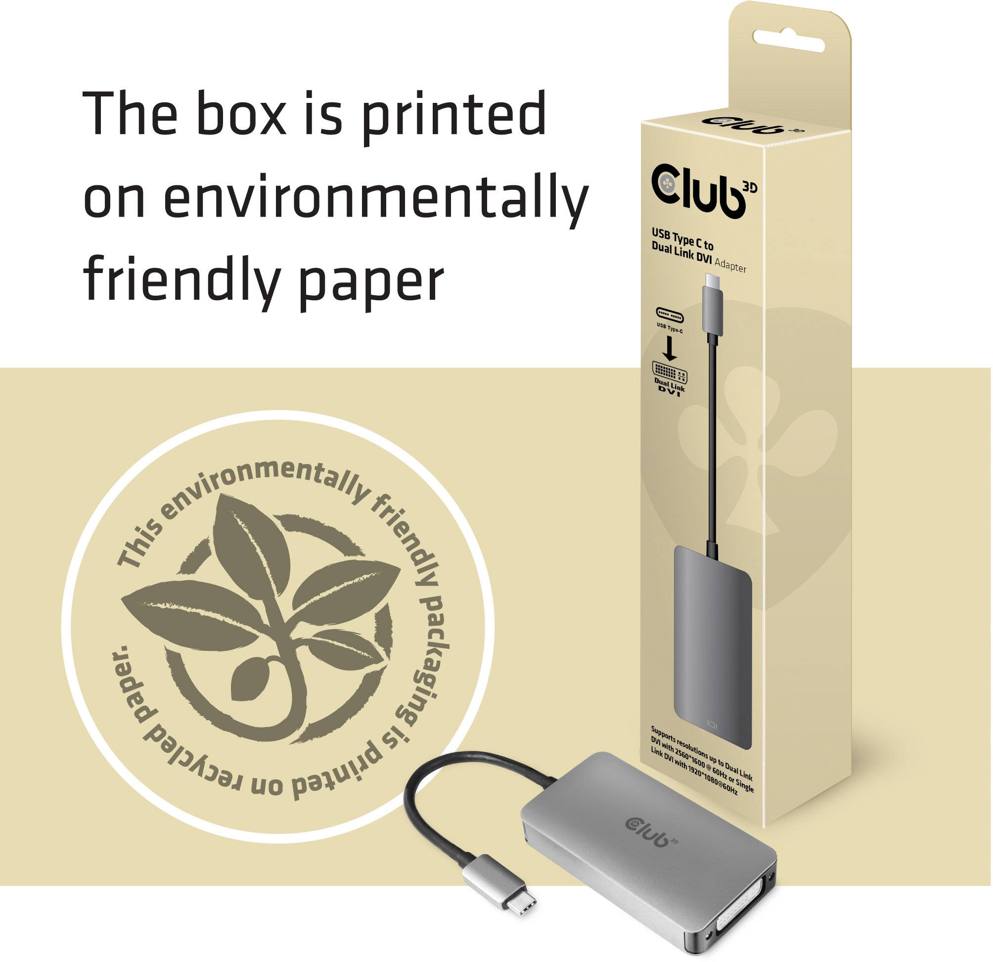 'Club 3D USB-C auf DisplayPort Adapter' in umweltfreundlicher Verpackung aus recyceltem Papier mit Pflanzenmotiv.