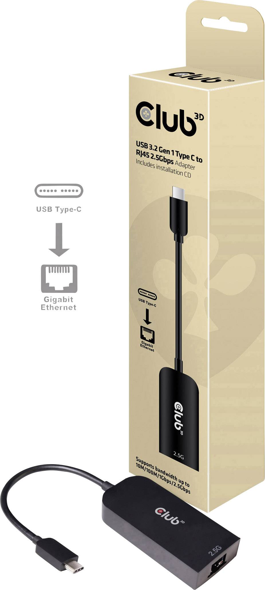 USB-C-zu-Ethernet-Adapter von Club 3D in Verpackung. Adapter und Kabel sichtbar, Verpackungstext: 'USB 3.2 Gen 1 Type C'.