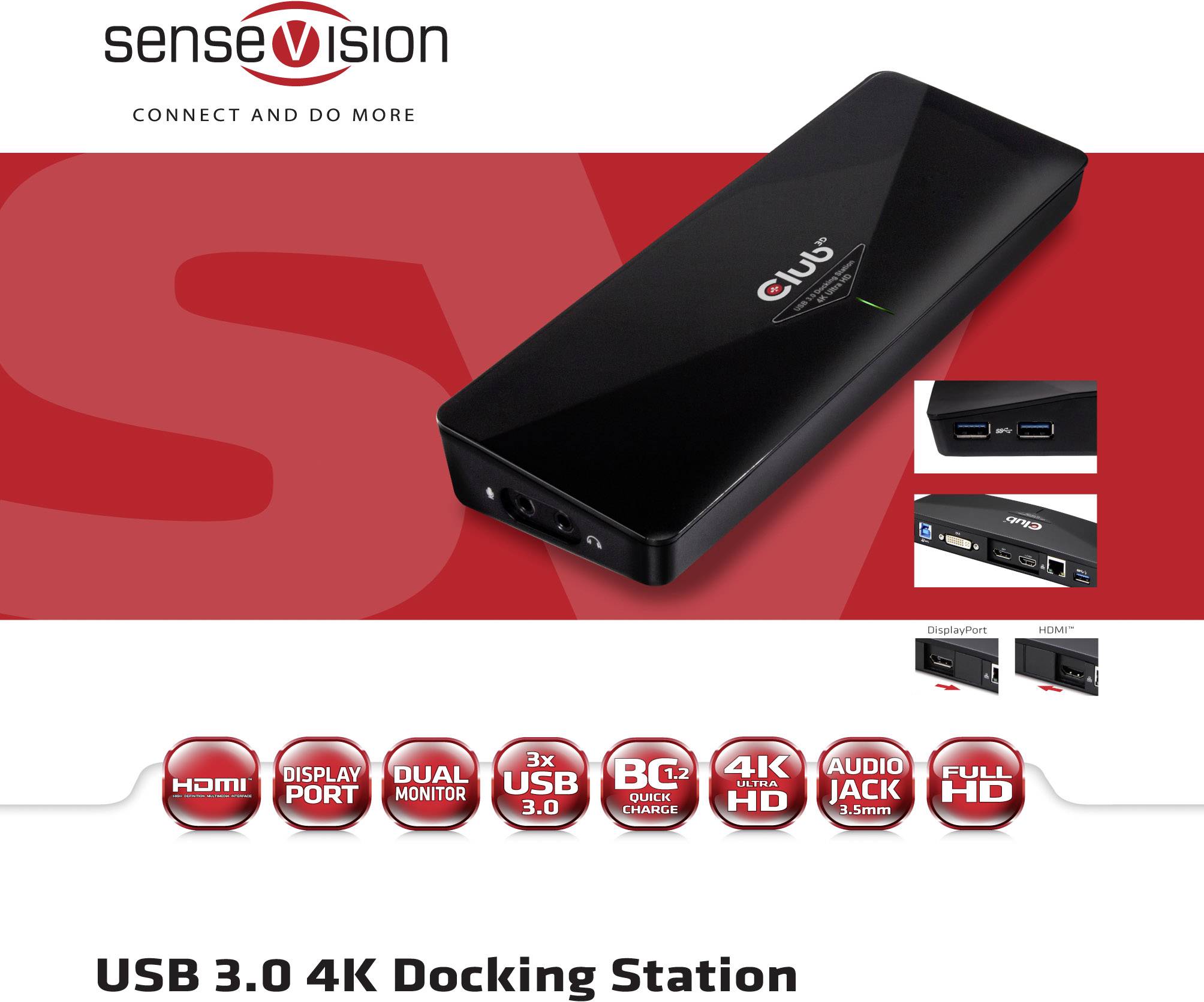 USB 3.0 4K-Dockingstation mit HDMI, DisplayPort, Dual Monitor, drei USB 3.0-Ports, BC 1.2, Audio-Ausgang, für Full HD/4K.