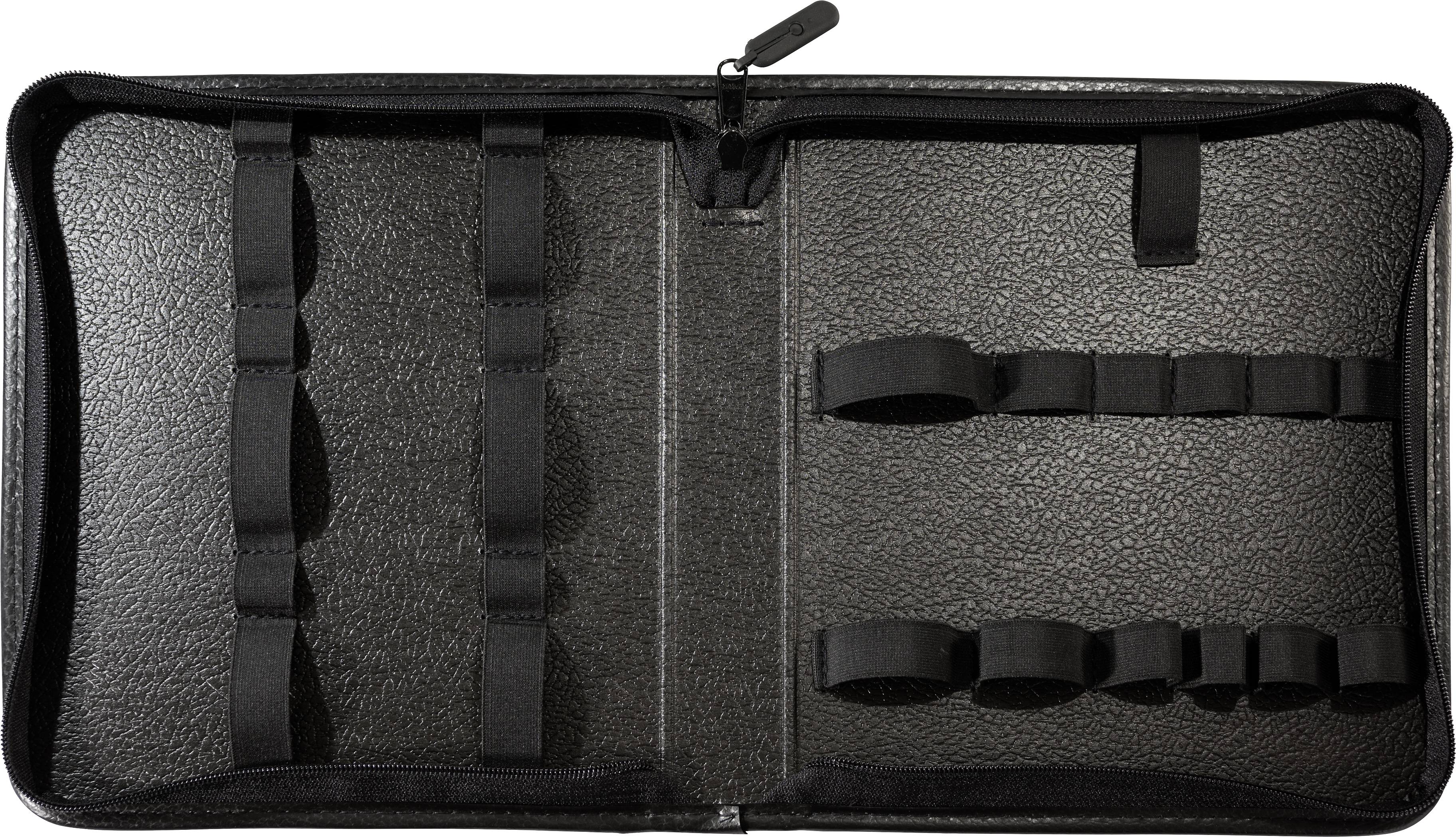 Ein schwarzes, leeres Etui mit elastischen Schlaufen zur Aufbewahrung von Werkzeugen oder Utensilien, geöffnet auf einer ebenen Fläche.