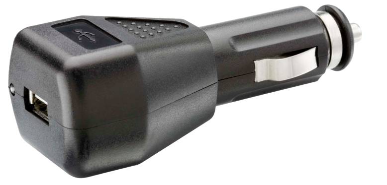 Schwarzes USB-Autoladegerät mit eingeprägtem USB-Symbol, zum Anschluss an den Zigarettenanzünder in einem Fahrzeug.