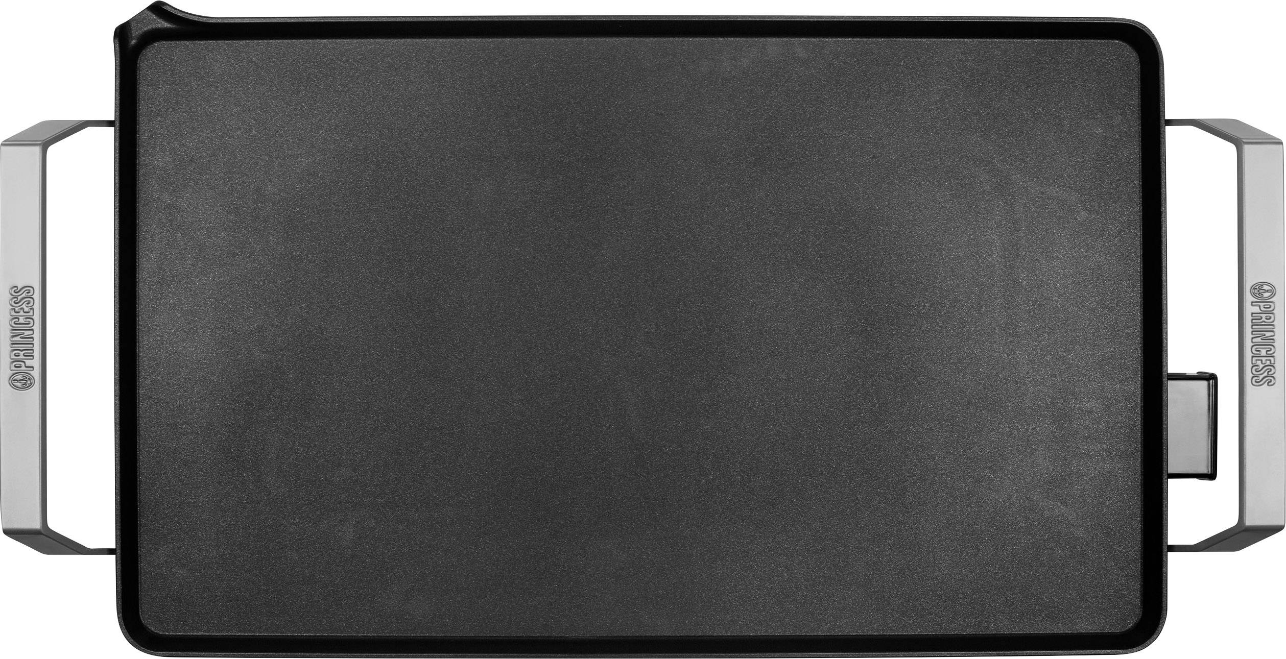 Schwarze Grillplatte mit silbernen Griffen, rechteckig, flach. Designed für das Kochen von Speisen auf einer ebenen Oberfläche.