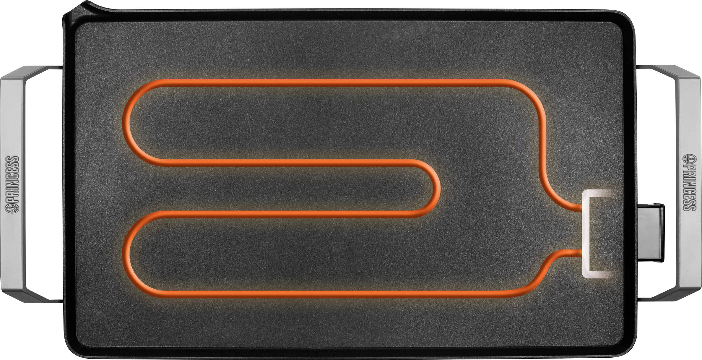 Eine elektrischer Grill mit glühender Heizspirale in S-Form, auf dunkler Oberfläche, für gleichmäßige Wärmeverteilung beim Grillen.