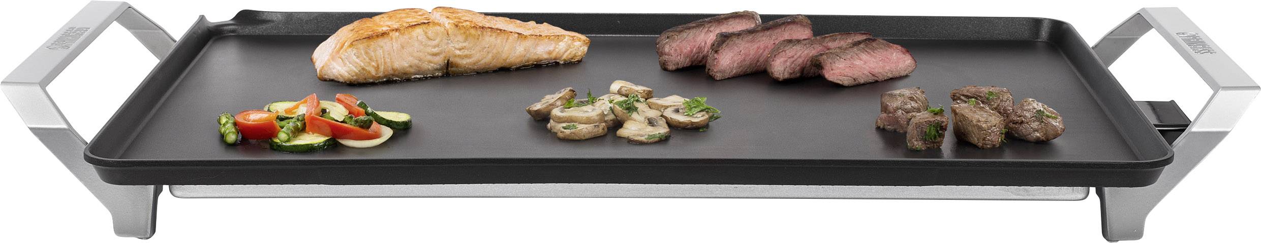 Ein Tischgrill mit Lachs, Steak, Gemüsemischung, Pilzen und Fleischstückchen. Perfekt zum Grillen diverser Speisen gleichzeitig.