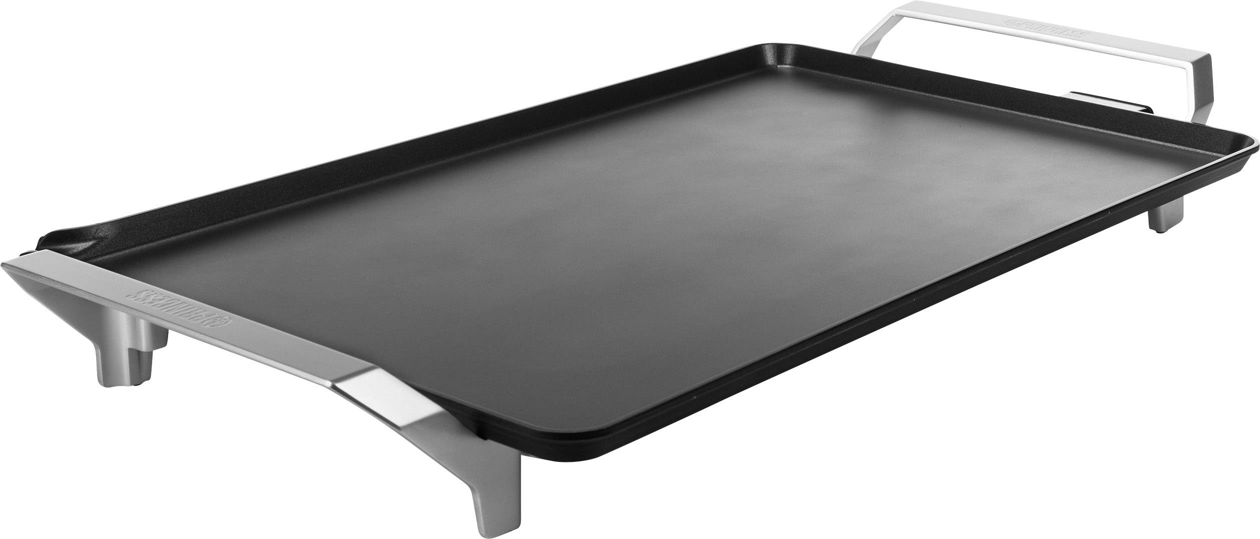 Elektrische Grillplatte mit rechteckiger Fläche und Metallgriffen auf jeder Seite.