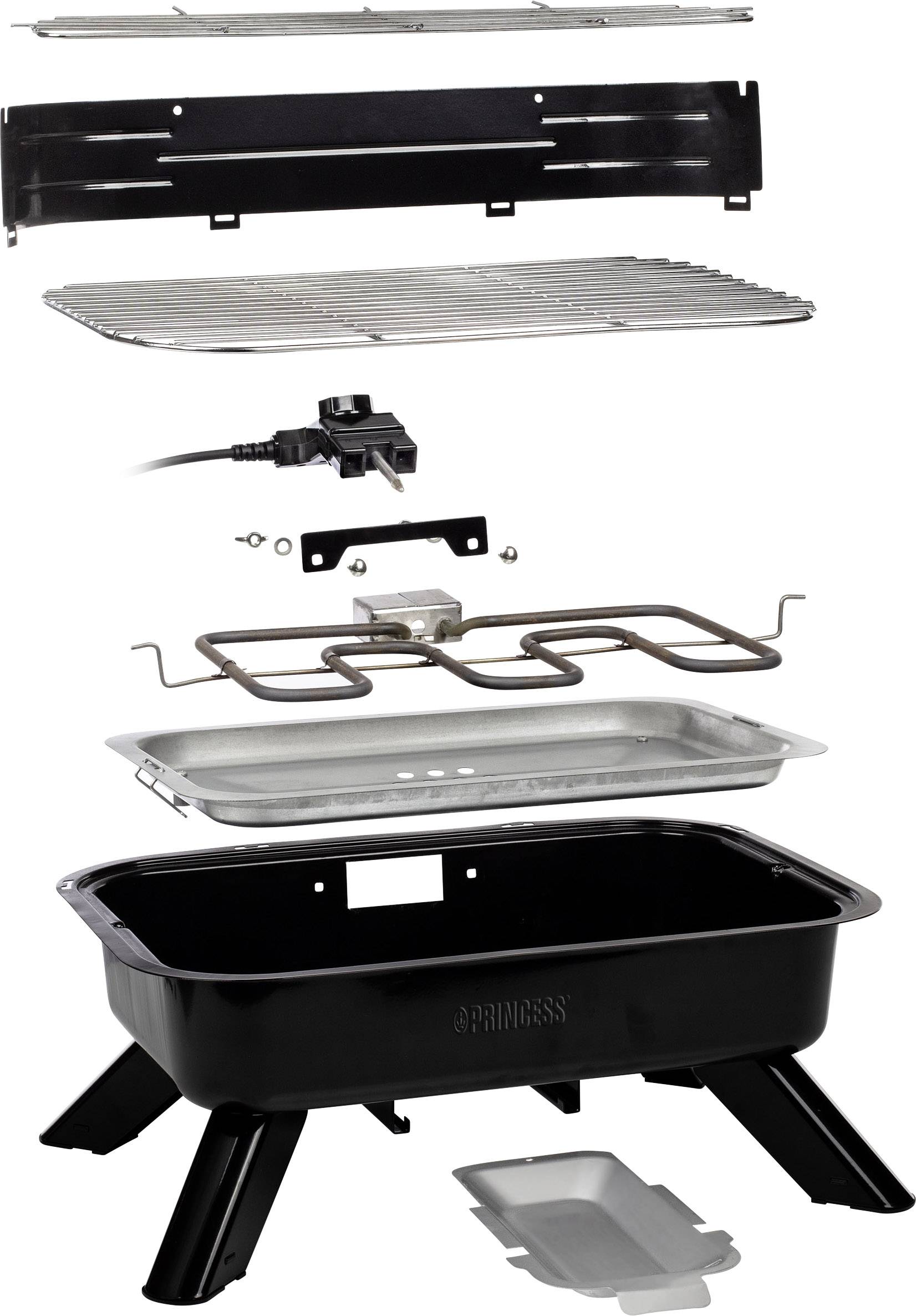 Explosionszeichnung eines elektrischen Grills mit Rost, Heizelement, Tropfschale und Gehäuse, zeigt den Zusammenbau.