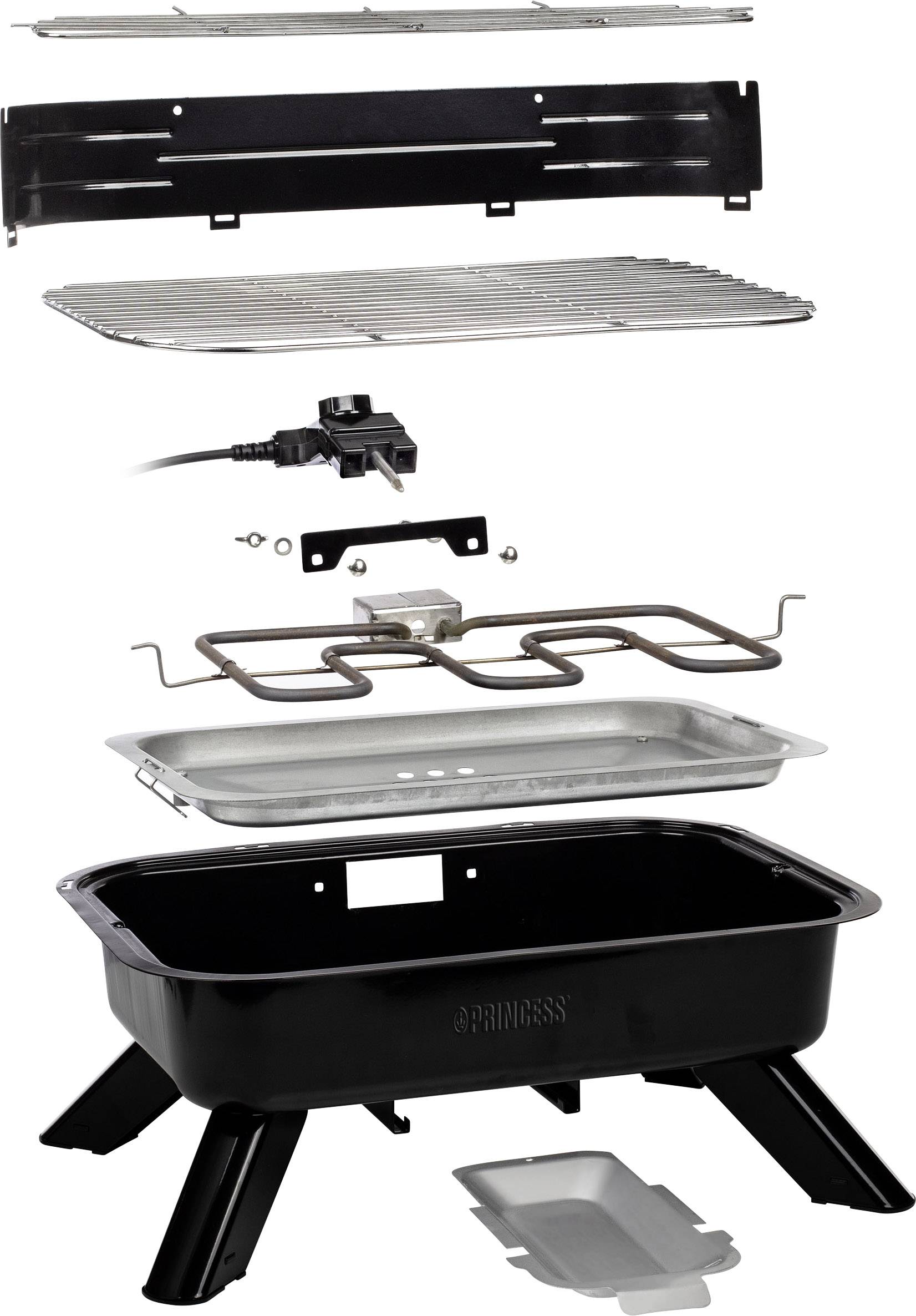 Explosionszeichnung eines elektrischen Tischgrills mit abnehmbaren Teilen, darunter Grillrost, Heizelement und Auffangschale.