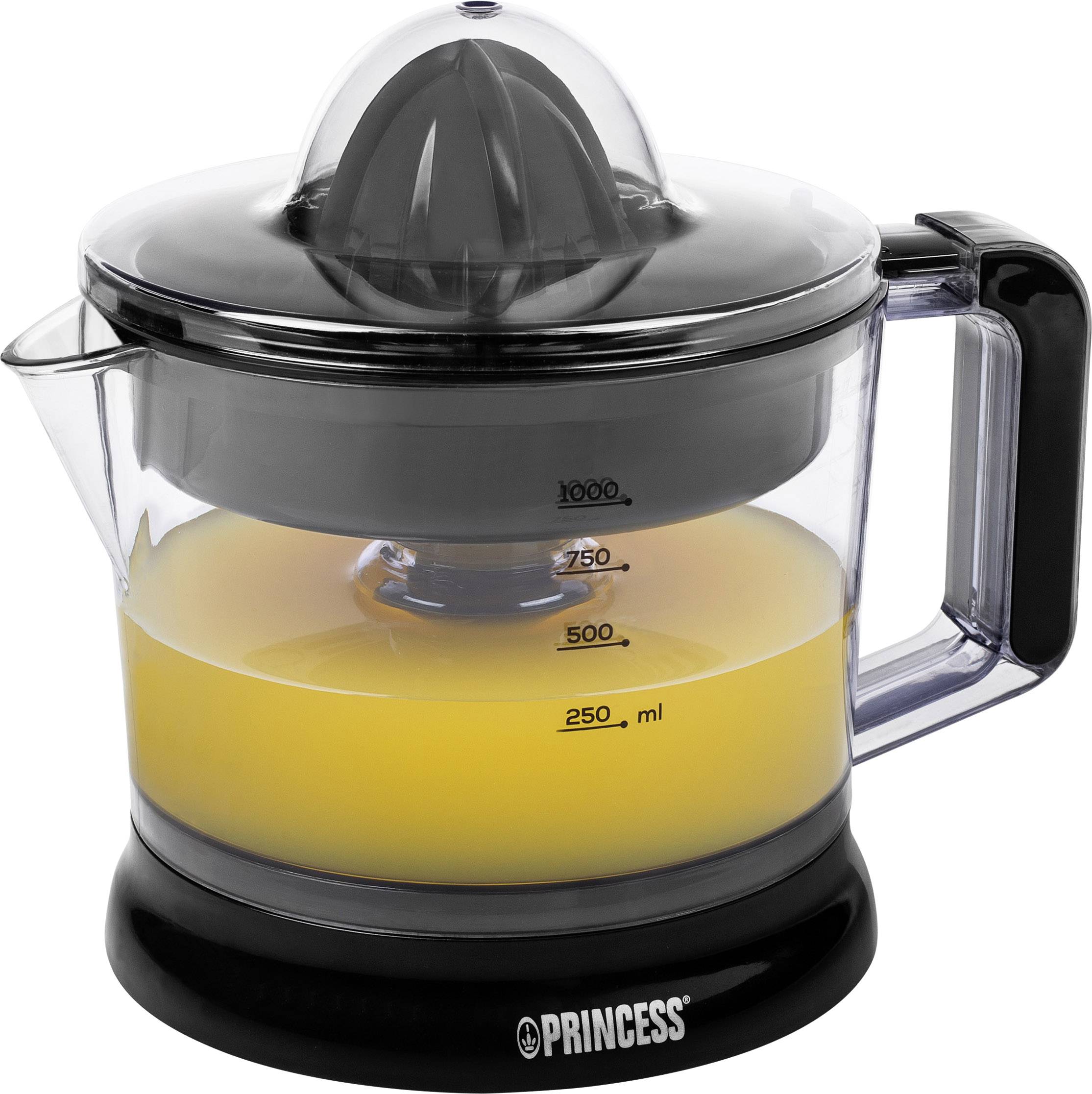 Elektrische Zitruspresse mit Messskala, halb gefüllt mit Saft. Transparentes Gehäuse, schwarzer Deckel und Basis mit Griff.