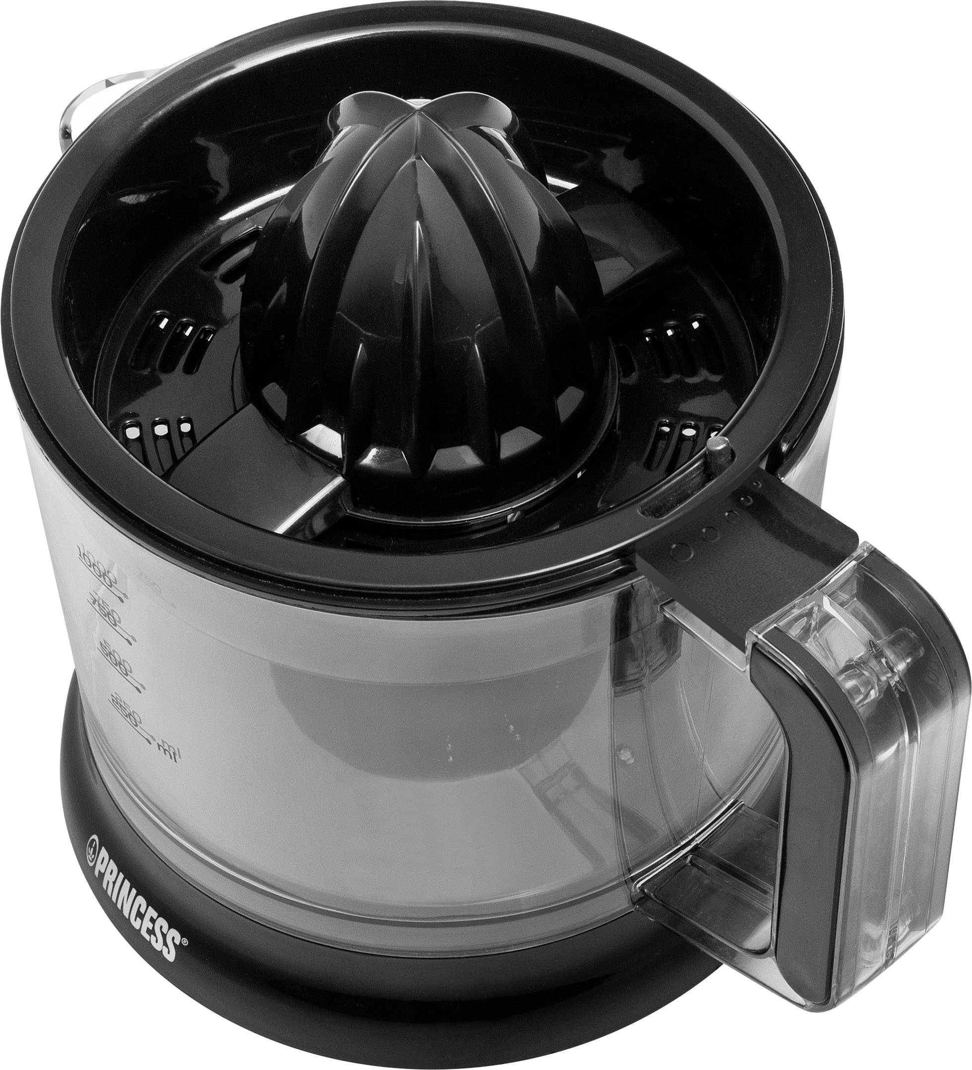 Eine schwarze elektrische Zitruspresse mit transparentem Behälter und Griff. Markierungen zeigen die Füllmenge des Behälters an.