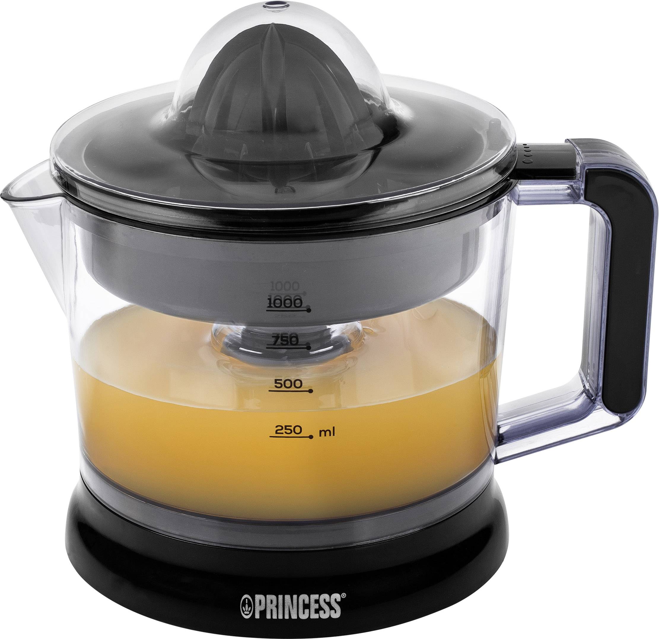 Elektrische Zitruspresse mit transparentem Behälter und schwarzem Griff. Aufgedruckte Maßeinheiten zeigen den Füllstand des Orangensafts.