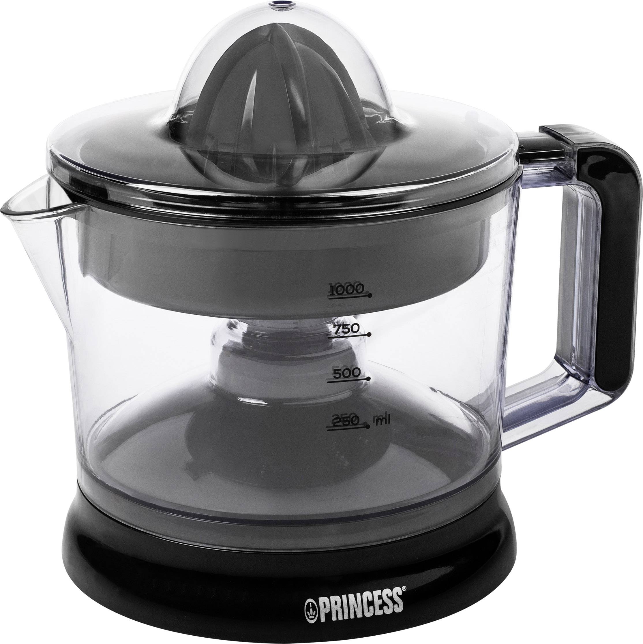 Elektrische Zitruspresse mit durchsichtigem Behälter, Messskala von 250 bis 1000 ml, schwarzer Deckel und Griff, Marke 'Princess'.