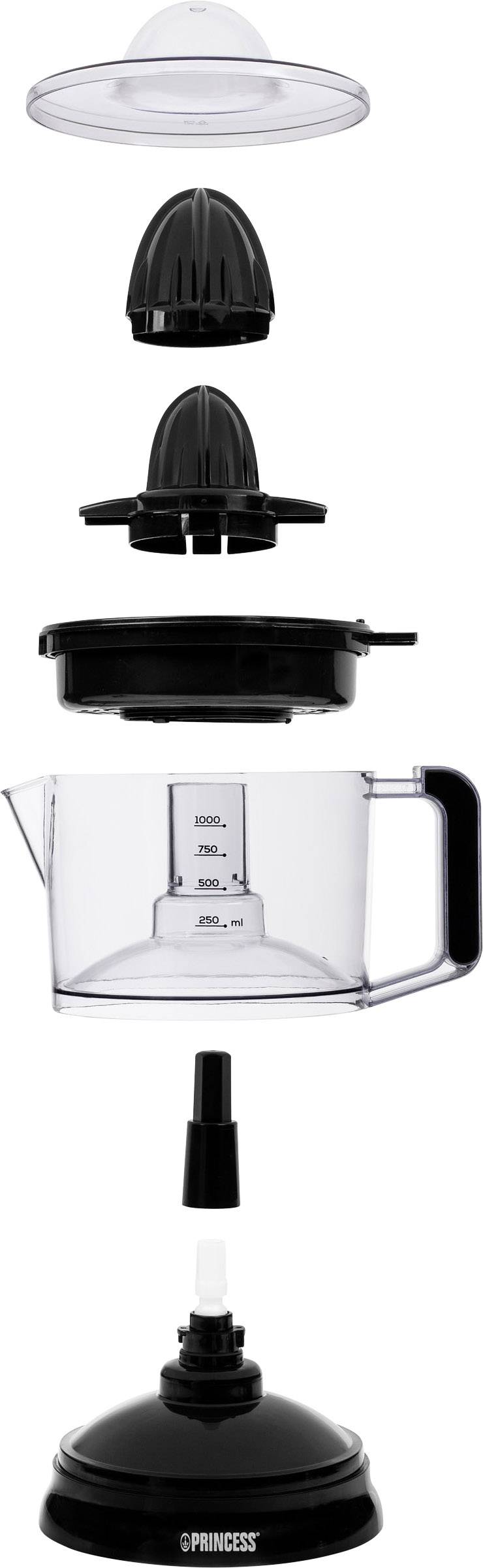 Explodierte Ansicht eines elektrischen Entsafters: Deckel, Kegelpresse, Behälter mit Skala von 150 ml bis 400 ml, Basis mit Kabel.