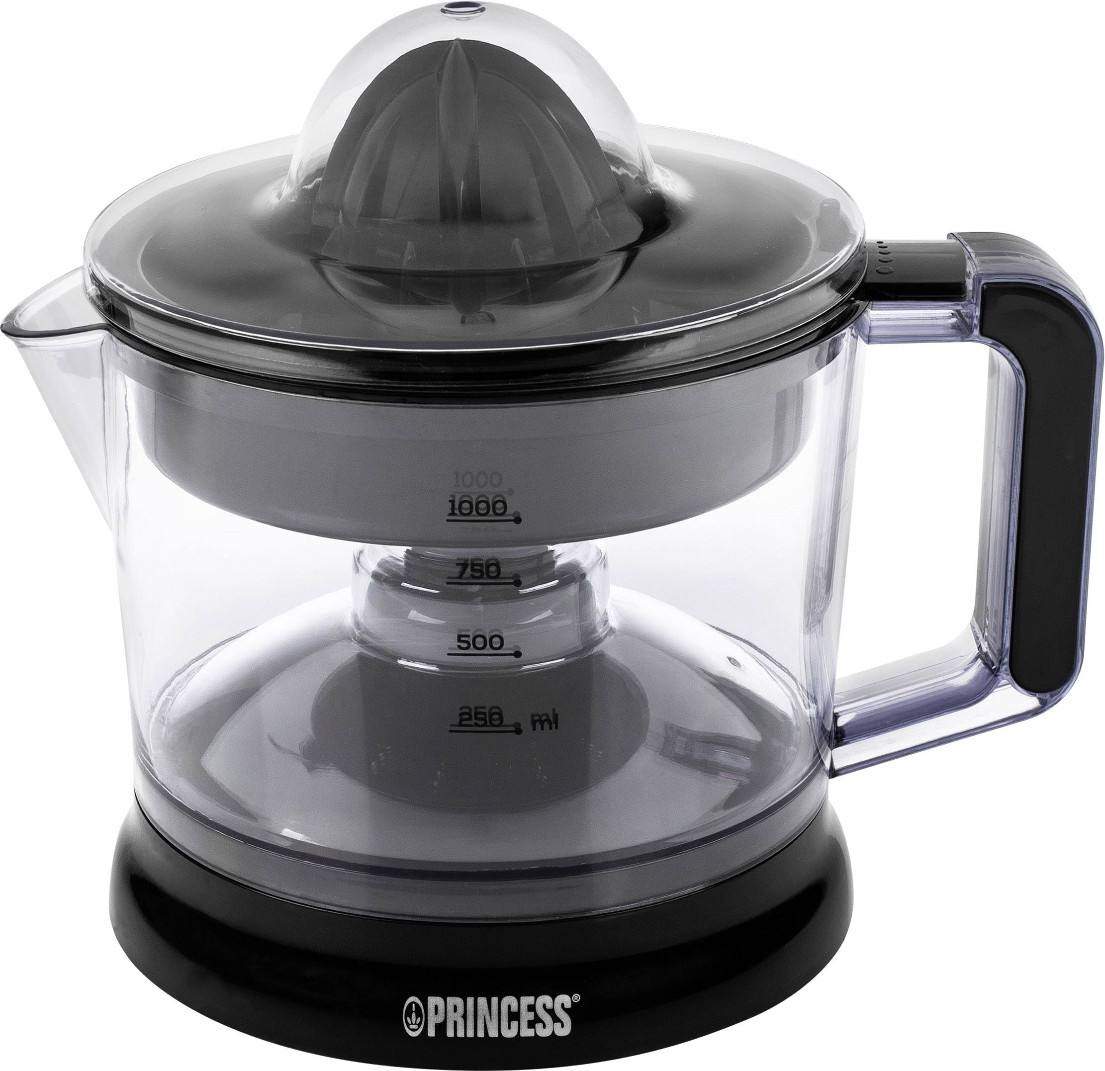 Durchsichtiger elektrischer Entsafter mit schwarzem Deckel und Griff. Mess-Markierungen an der Seite zeigen bis zu 1000 ml an.