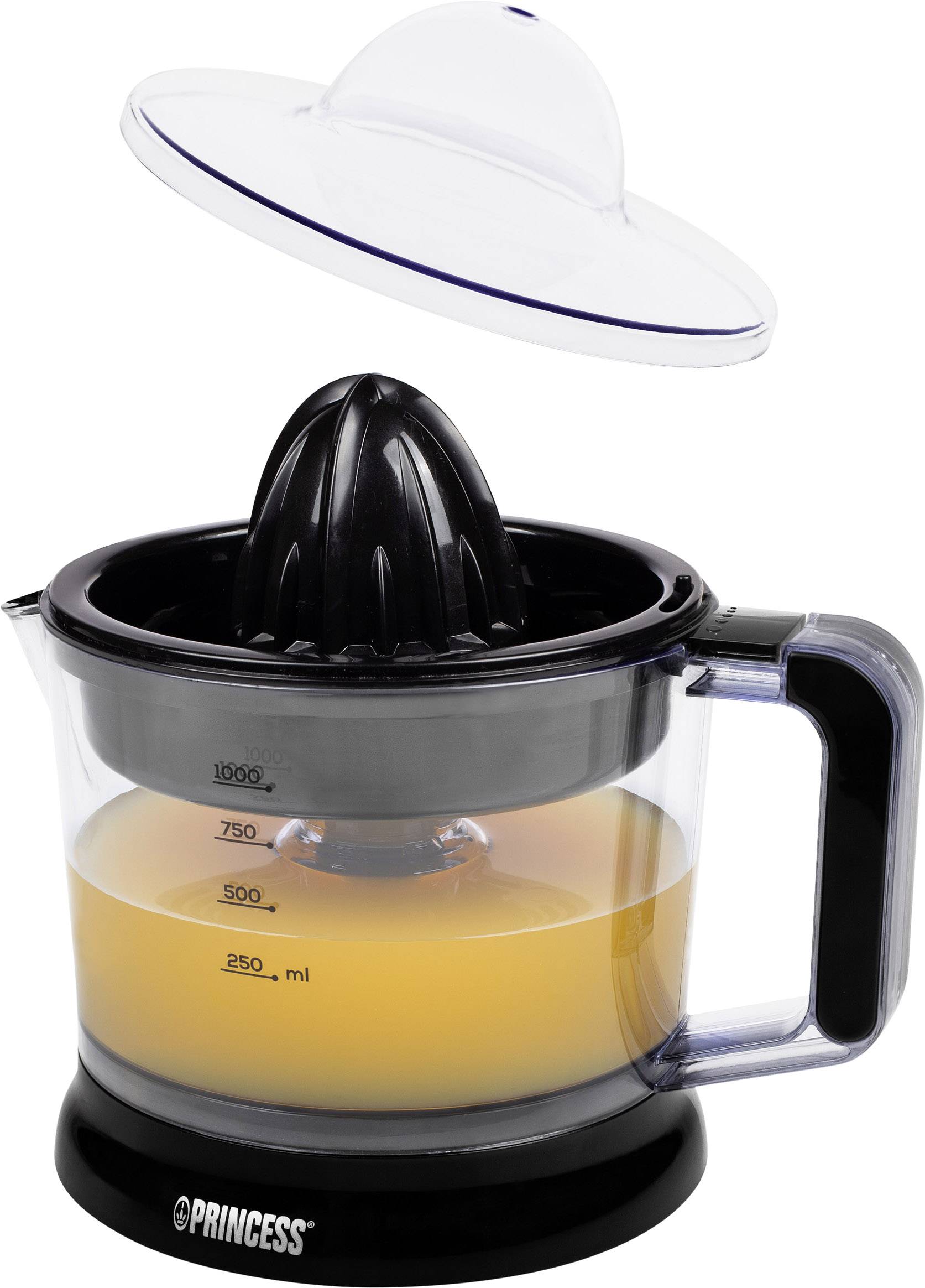 Elektrische Zitruspresse mit transparentem Behälter, Messskalen und schwarzem Presskegel. Deckel schwebt darüber.