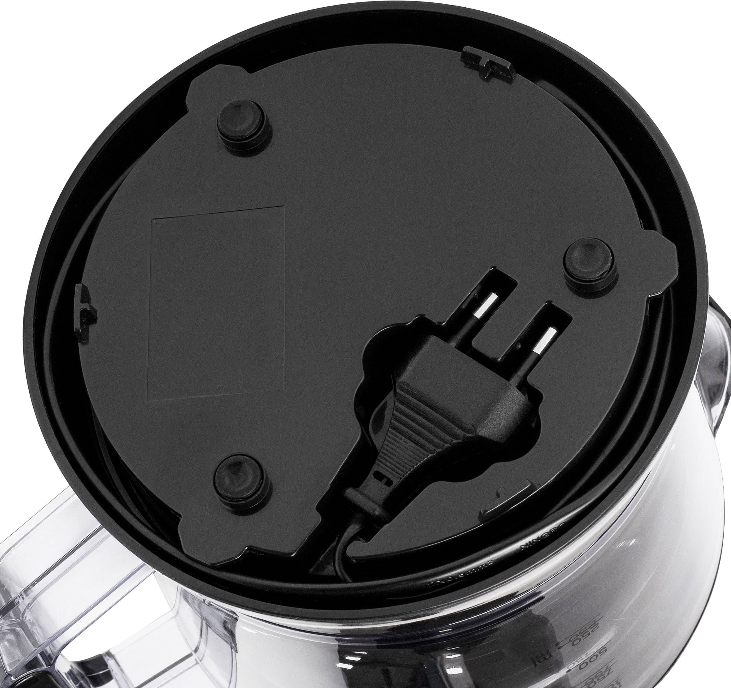 Mixer von oben mit aufgerolltem Kabel und Eurostecker im Bodenfach.