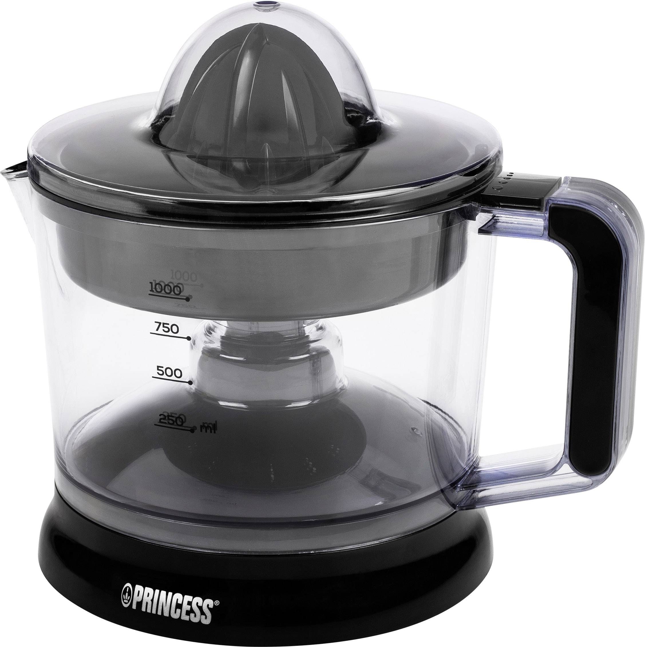 Elektrische Zitruspresse mit transparentem Behälter und Skala, schwarzem Sockel und Griff. Markenname 'Princess' auf der Vorderseite.