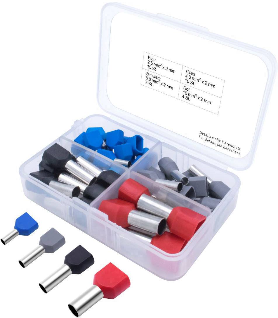 Kunststoffbox mit isolierten Kabelschuhen in verschiedenen Farben: Blau, Grau, Rot, Schwarz. Größen von 2,5 mm² bis 10 mm².