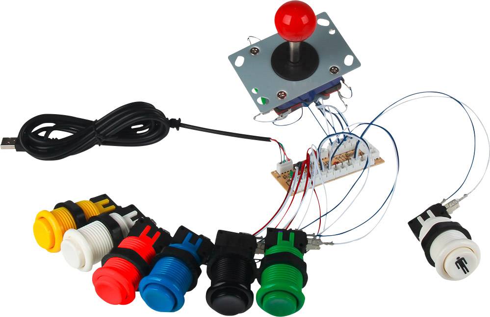 Joystick mit rotem Griff, verbunden mit einem Steuerungsboard und sechs farbigen Knöpfen in Blau, Grün, Rot, Schwarz, Weiß und Gelb.