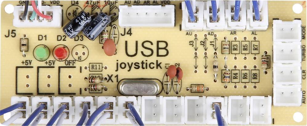 USB Joystick-Schaltplatine mit mehreren Anschlüssen und elektronischen Bauteilen wie Widerständen und Kondensatoren.