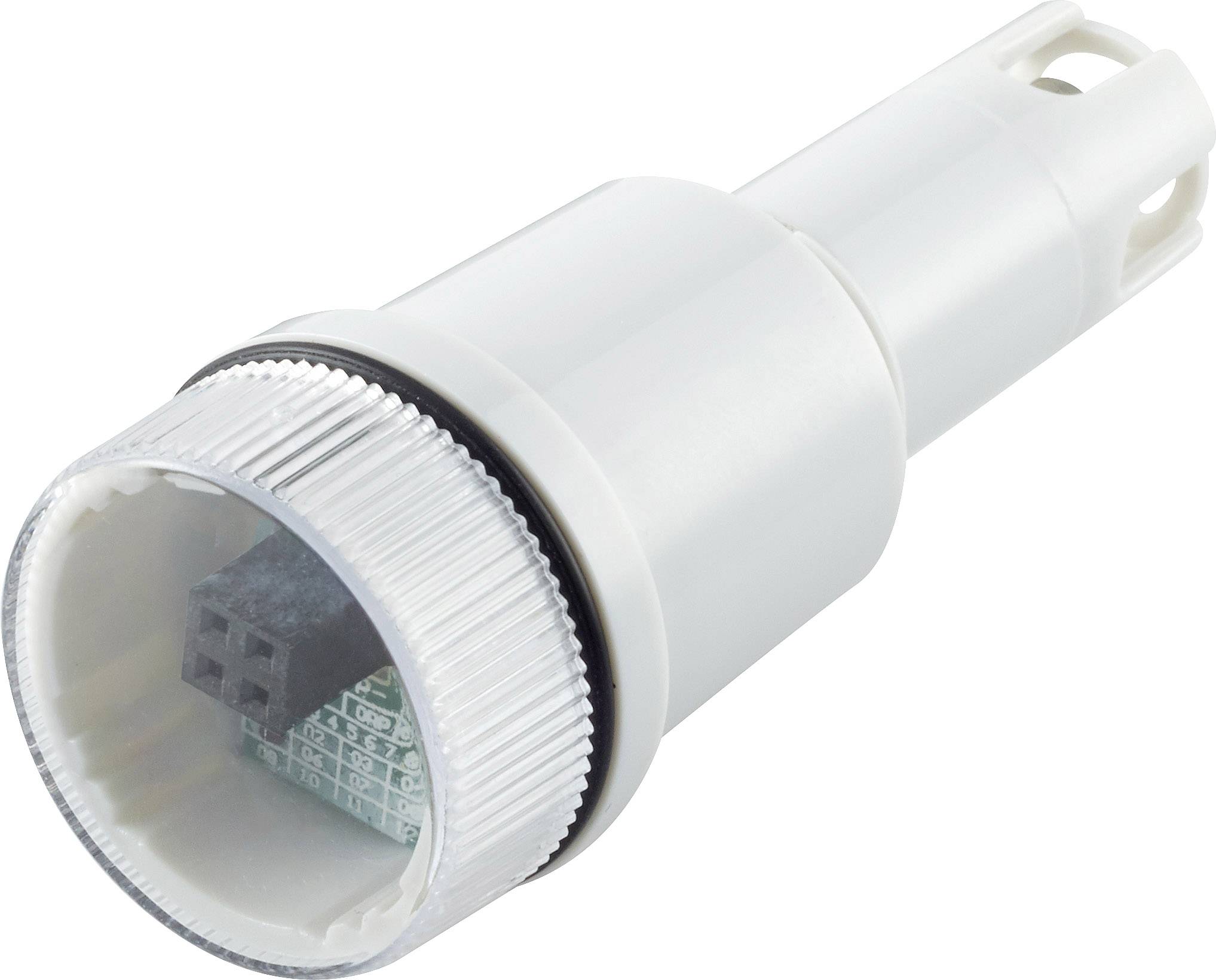 Das Bild zeigt einen weißen zylindrischen Sensor mit einem geriffelten Rand. Der Sensor hat einen kleinen Anschluss im Inneren.