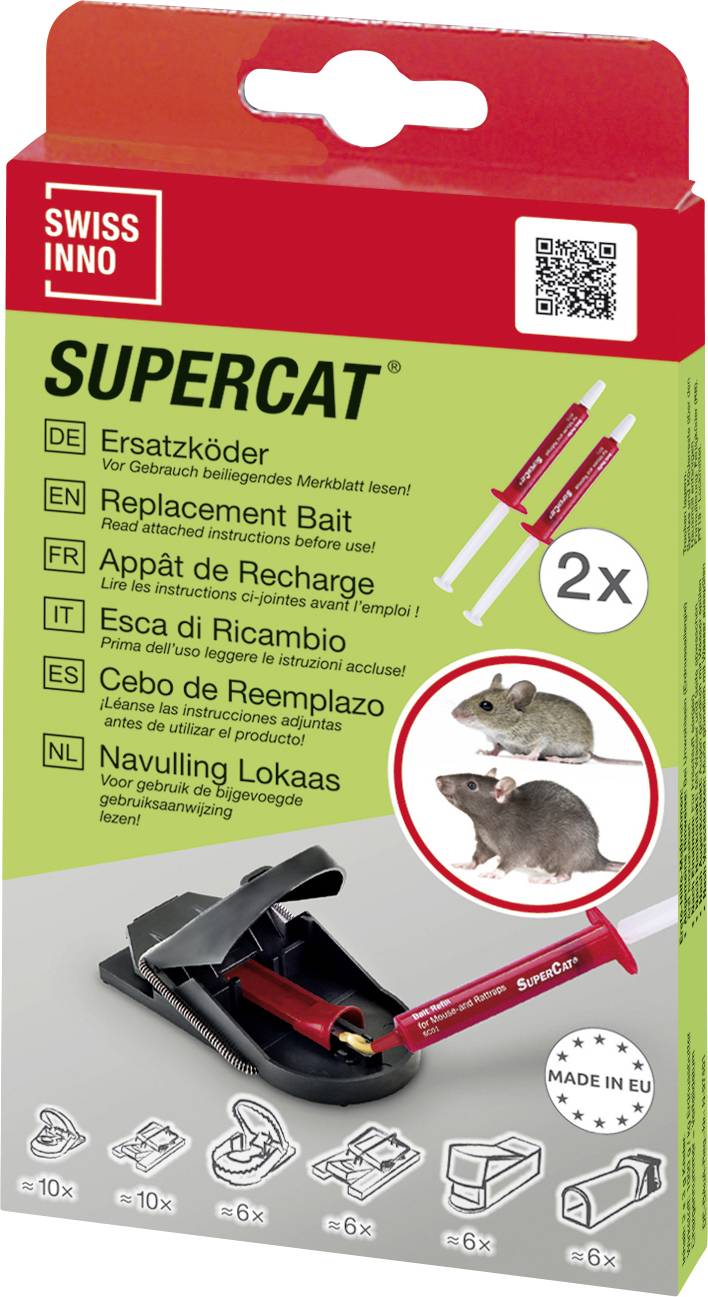 Das Bild zeigt Verpackung für den Köder-Ersatz ‚SUPER CAT'. Es enthält Bilder von Mäusen und Text in mehreren Sprachen, die die Verwendung erklären.