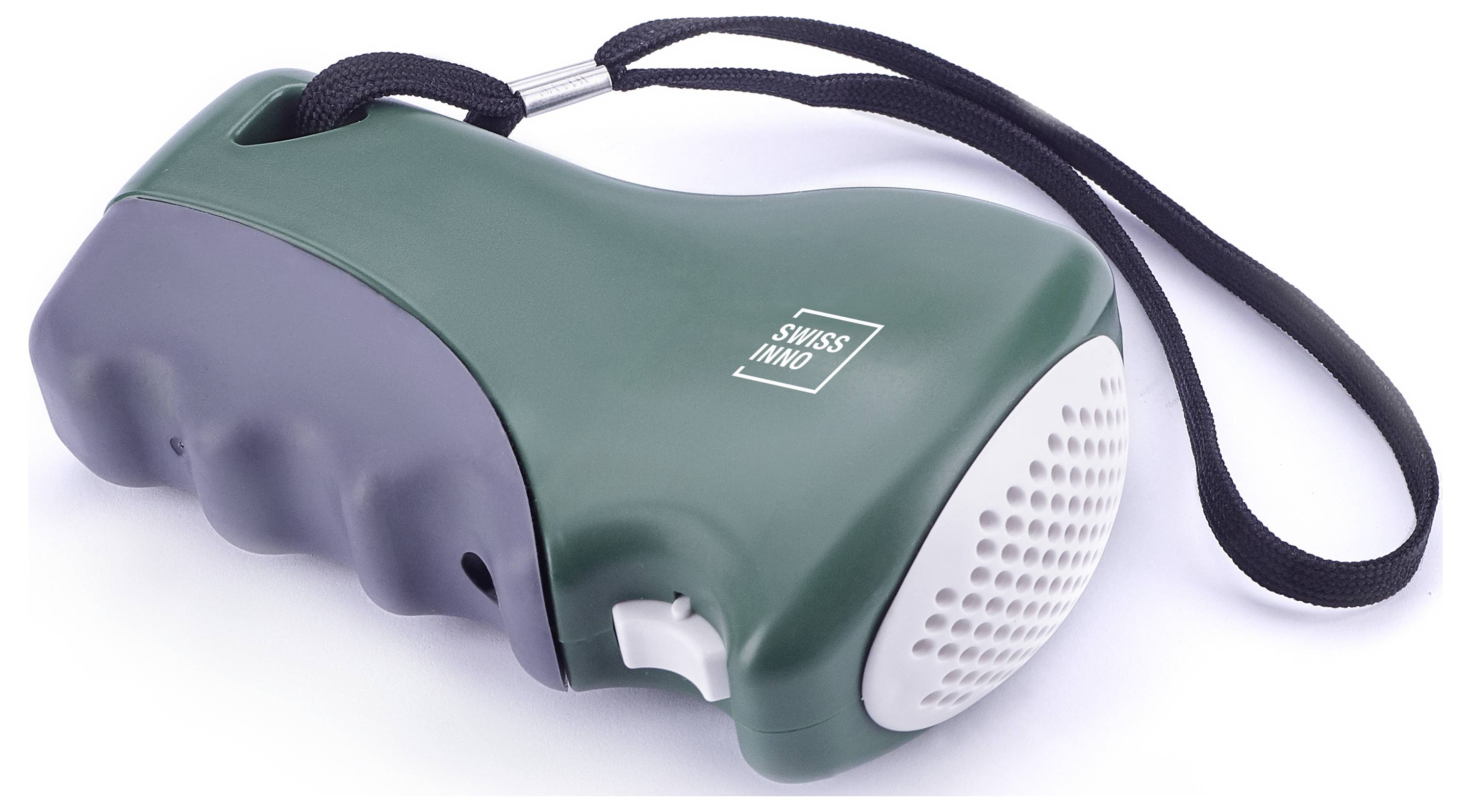 Eine grüne Handkurbel-Taschenlampe mit einem schwarzen Riemen, ausgestattet mit einem grauen Griff und der Schweizer Omio-Markenaufschrift. Ideal für Notfälle oder Outdoor-Aktivitäten.