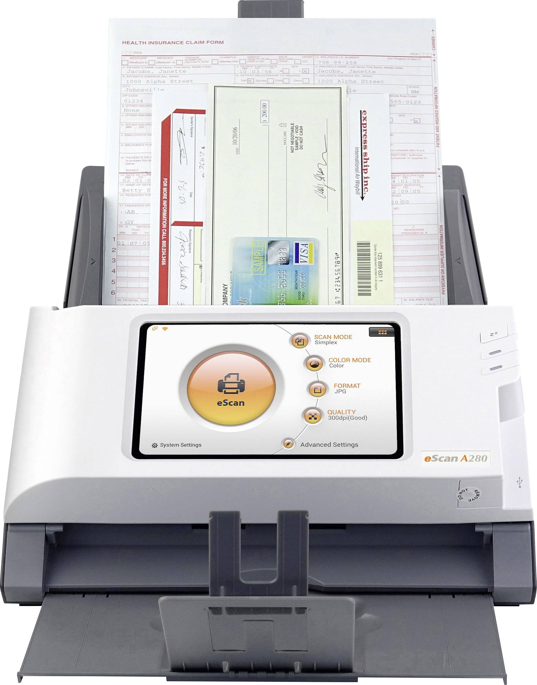 Ein Scanner digitalisiert einen Scheck und ein Formular. Das Display zeigt verschiedene Scan-Modi.