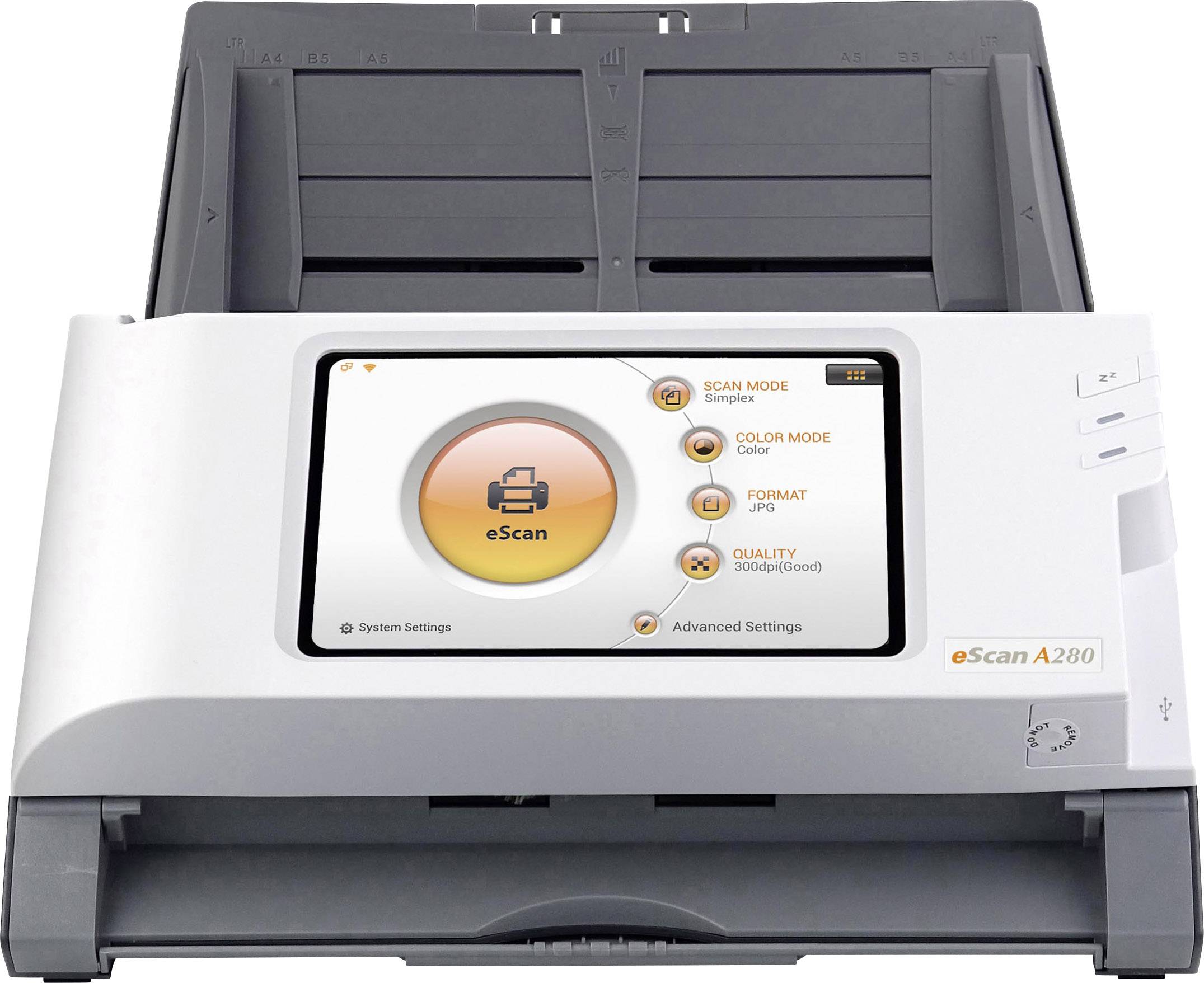 Flachbettscanner mit Touchscreen-Display zeigt Benutzeroberfläche zur Dokumentenerfassung; unterstützt Scan-Modus, Farbmodus und Auflösungseinstellungen.