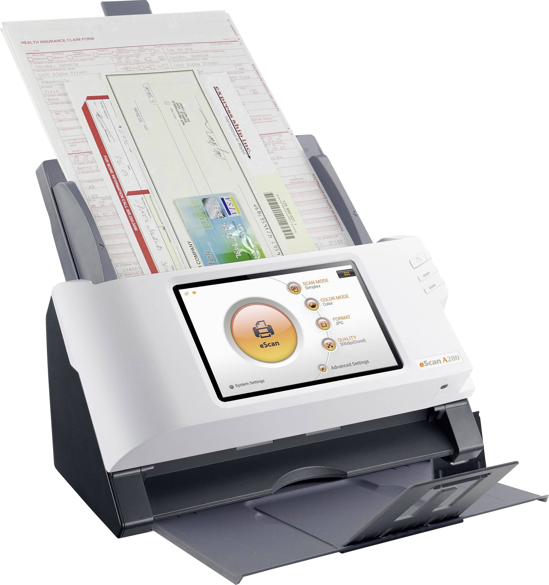 Ein Scanner mit Dokumenten in der Eingabeschale, zeigt ein Bildschirmmenü mit Optionen für 'Scan', 'Kopieren' und 'Senden'.