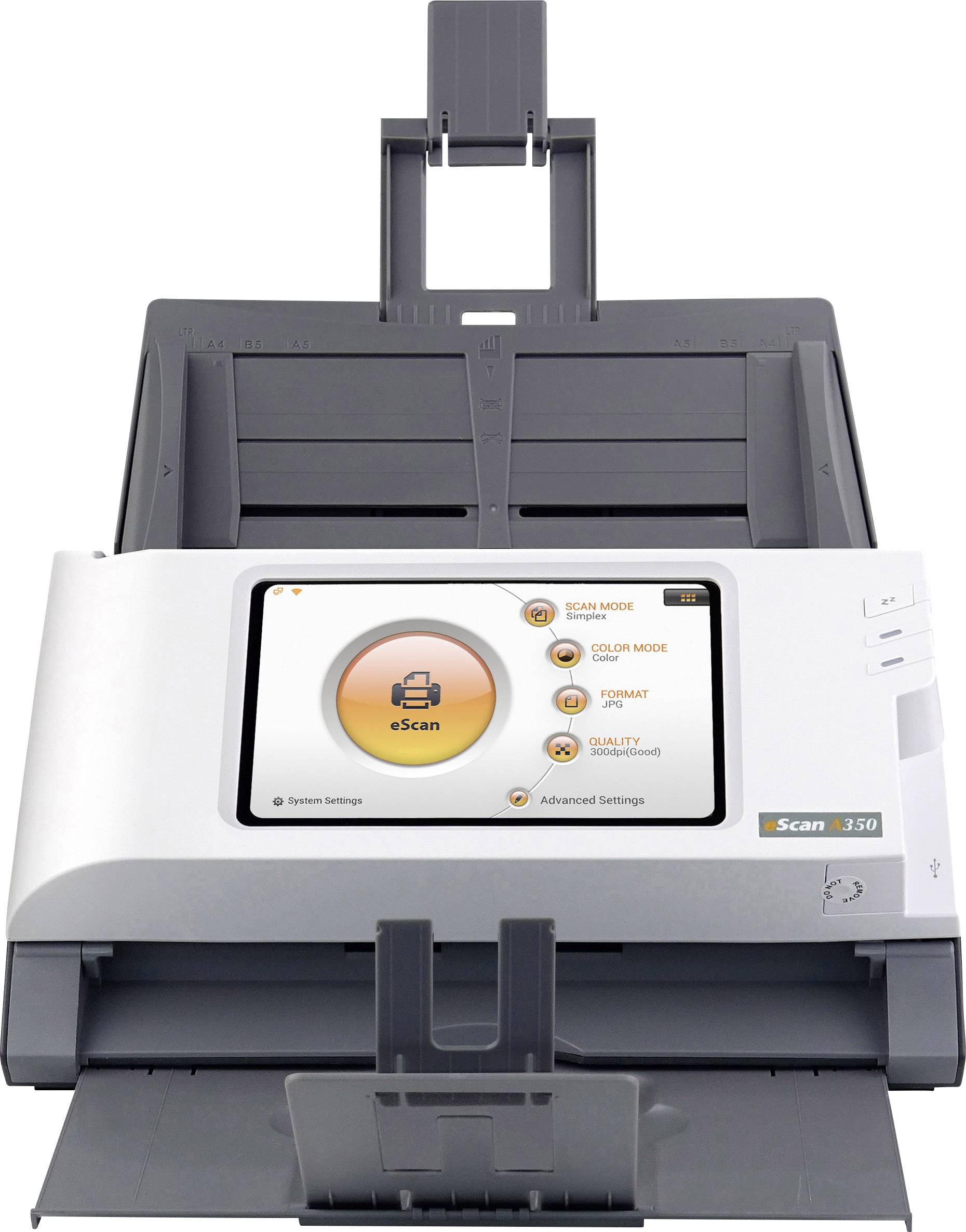 Ein Scanner mit einem Display zur Bedienung. Auf dem Bildschirm sind Optionen wie 'Scan Mode' und 'Scan' sichtbar.