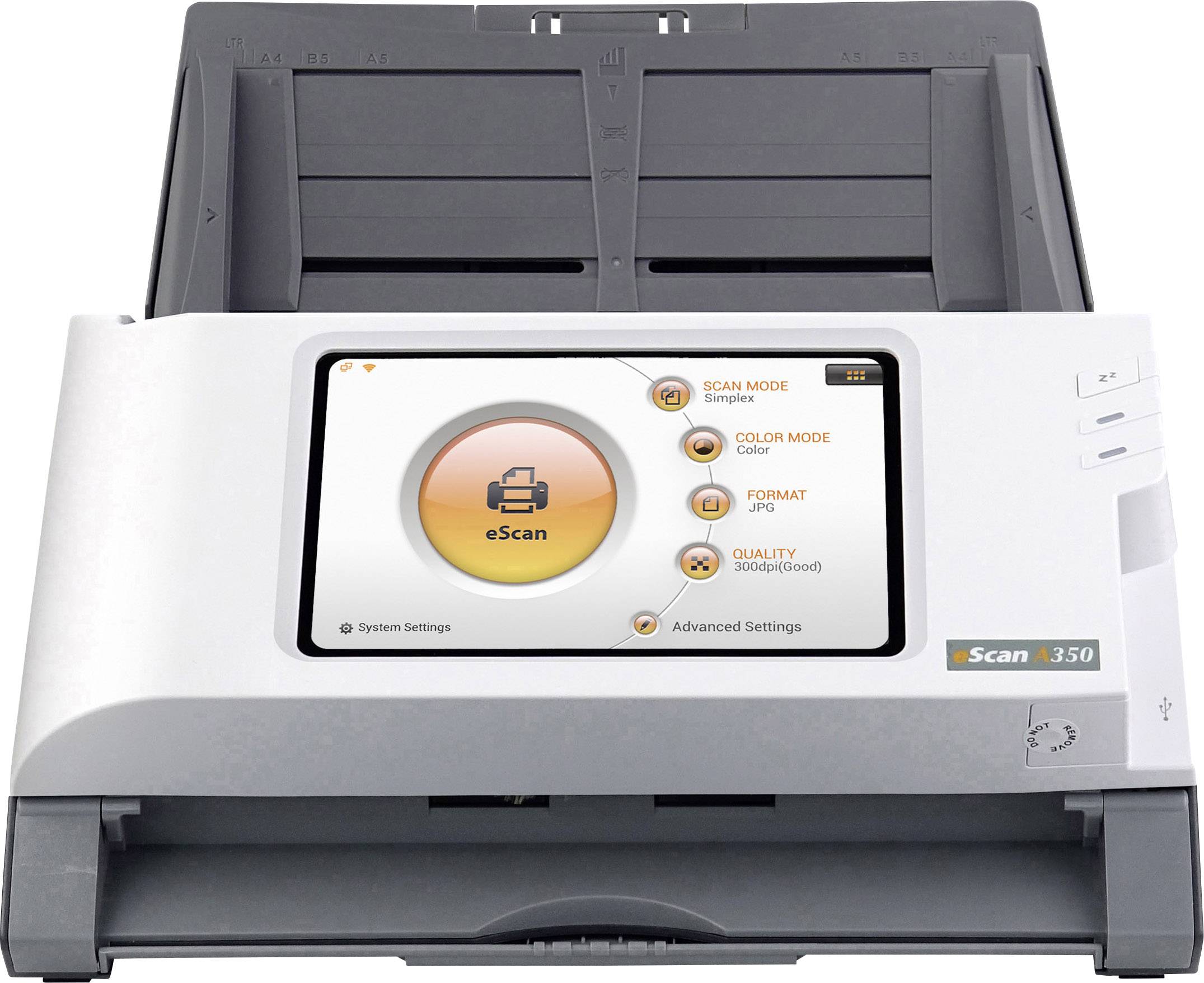 Ein Scanner mit einem Bildschirm zeigt die Optionen 'Scan Mode', 'Color Mode', 'Format' und 'Quality'.