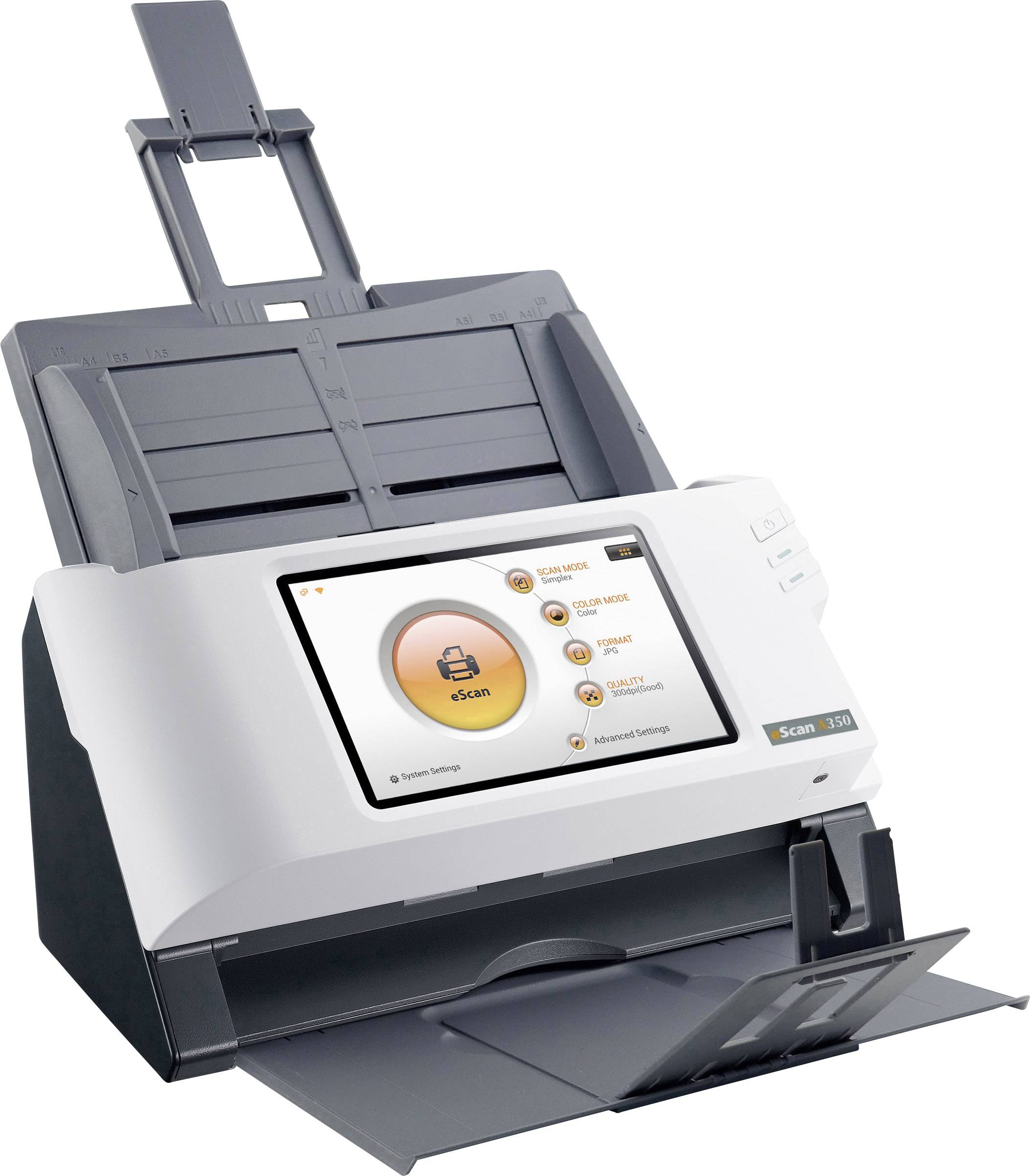 Ein moderner Scanner mit einem Farbdisplay und mehreren Tasten. Das Display zeigt Optionen wie 'Scan' und 'Einstellungen'.