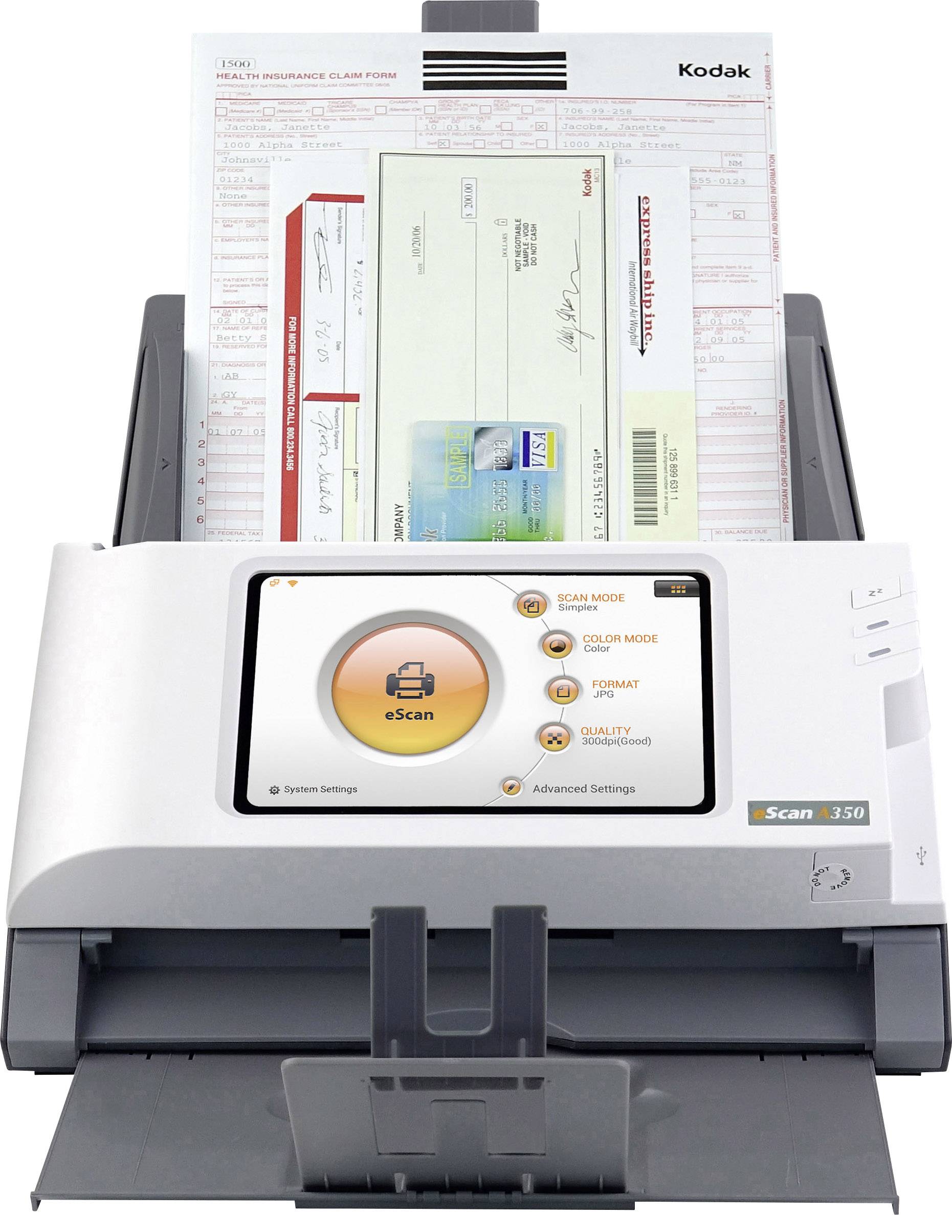 Ein Dokumentenscanner scannt einen Scheck und ein Formular gleichzeitig. Das Display zeigt verschiedene Scan-Modi an.