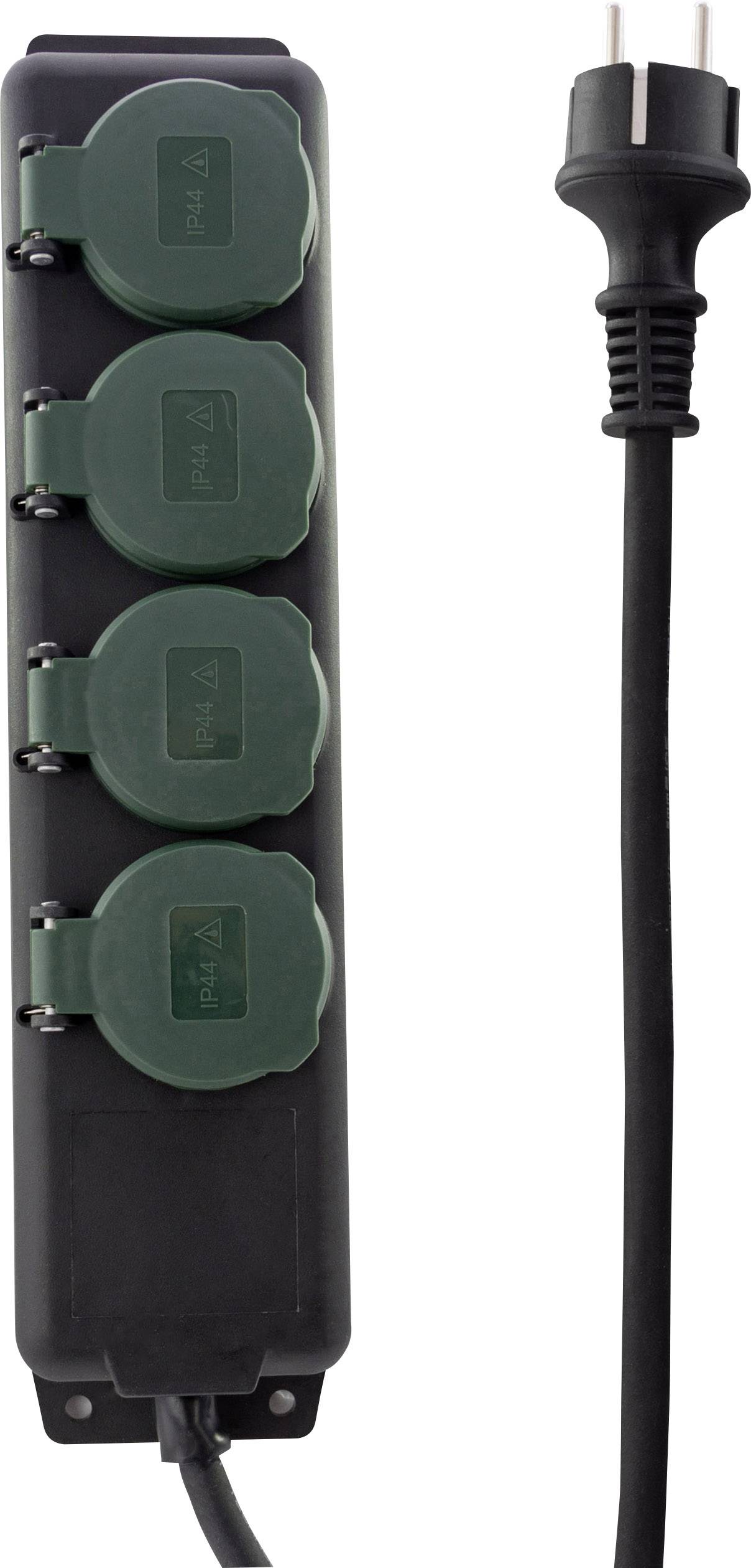 Eine schwarze Mehrfachsteckdose mit vier grünen Steckplätzen und einem schwarzen Netzkabel.