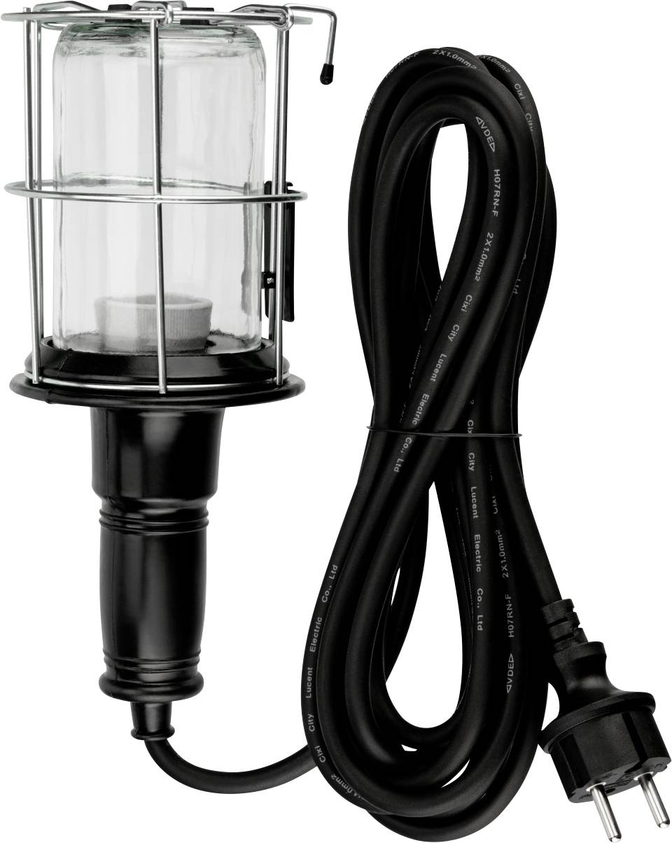 Eine tragbare Arbeitsleuchte mit einem schützenden Metallkäfig und einem langen, gewundenen schwarzen Stromkabel, das in einen Stecker endet.